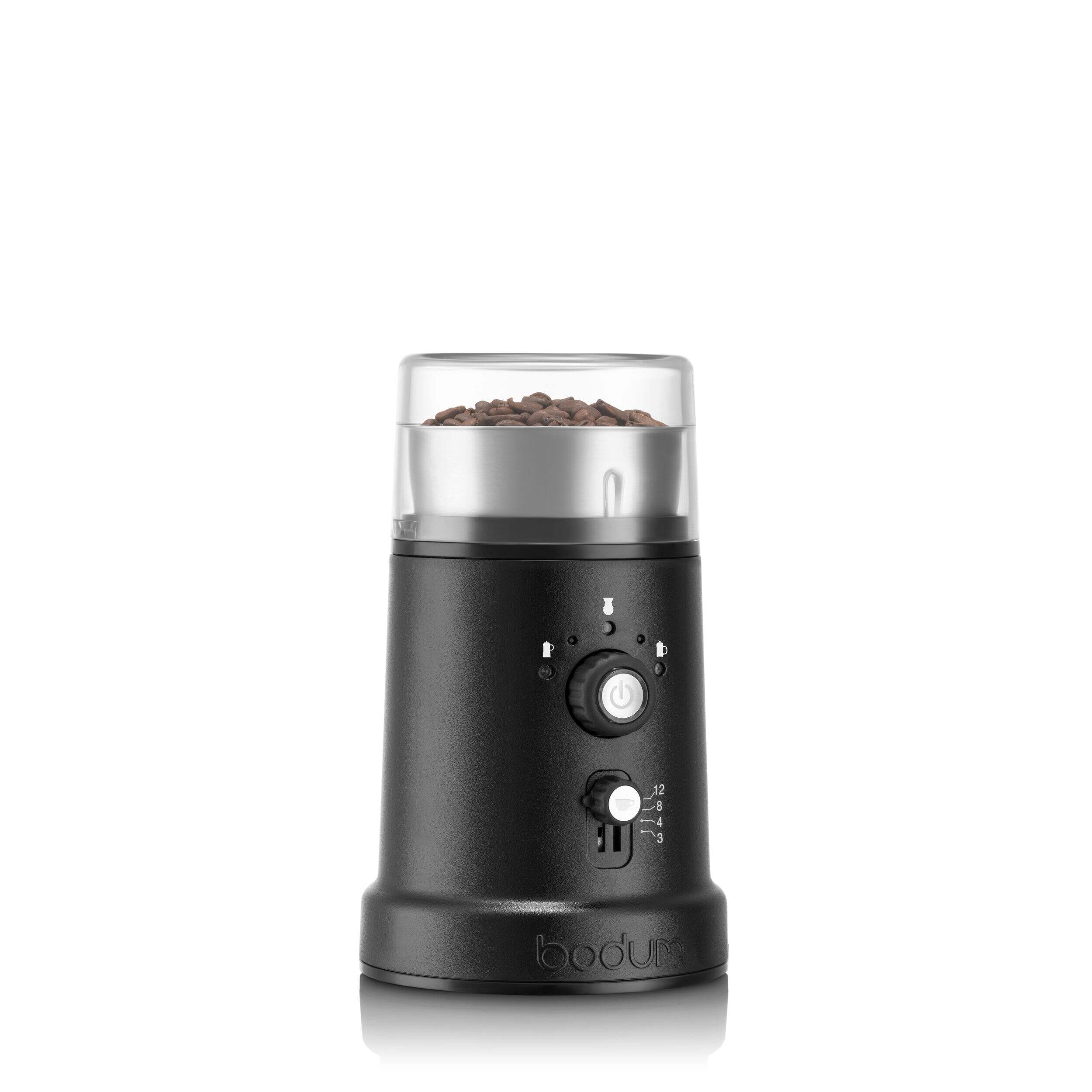 Bodum Adjustable Blade Coffee Grinder with 5 Grind Settings, Black, 12-Cup Front_Three_Fourths_Angled_Right