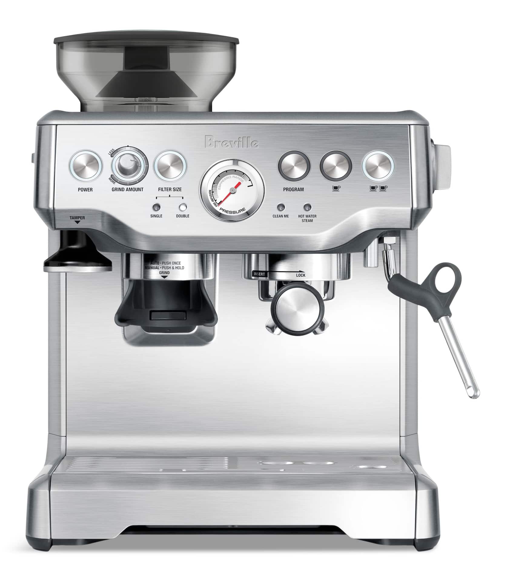 Barista Expresso Semi-Automatic Espresso Machine with Integrated Conical Burr Grinder, BES870BSS, Brushed Stainless Steel Breville