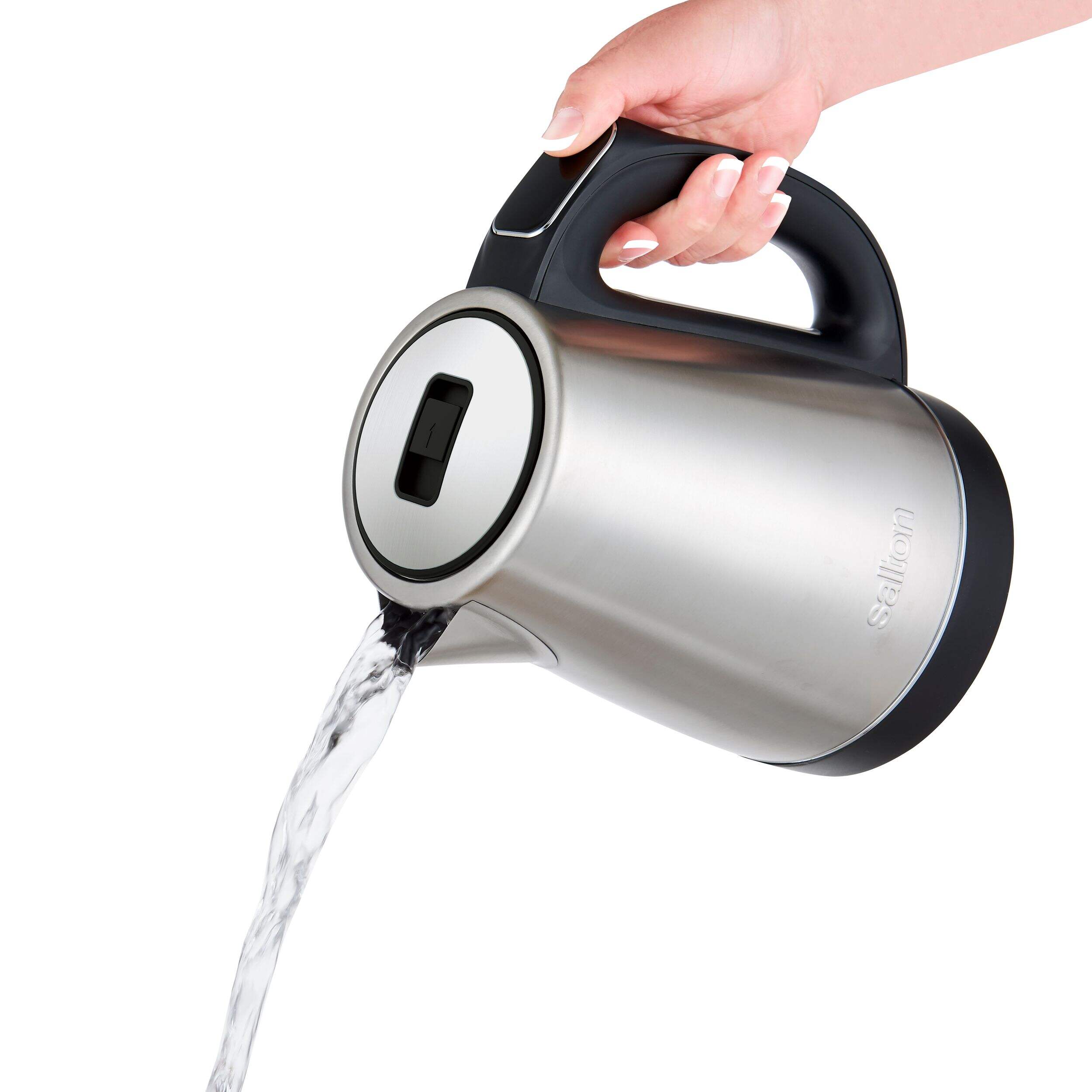 Salton Cordless Electric Kettle with Digital Display, Stainless Steel, 1.7-L Front_Angled_Left