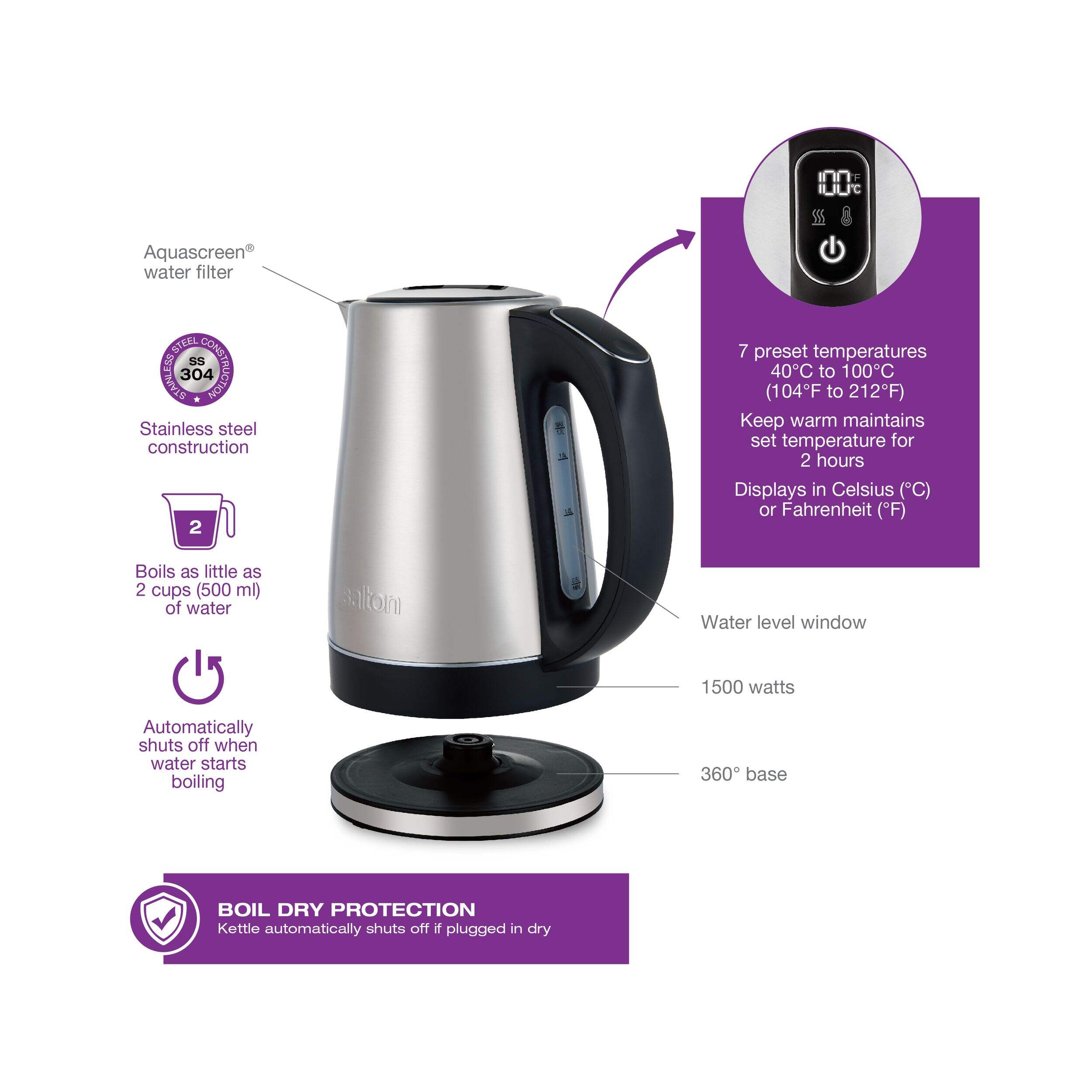 Salton Cordless Electric Kettle with Digital Display, Stainless Steel