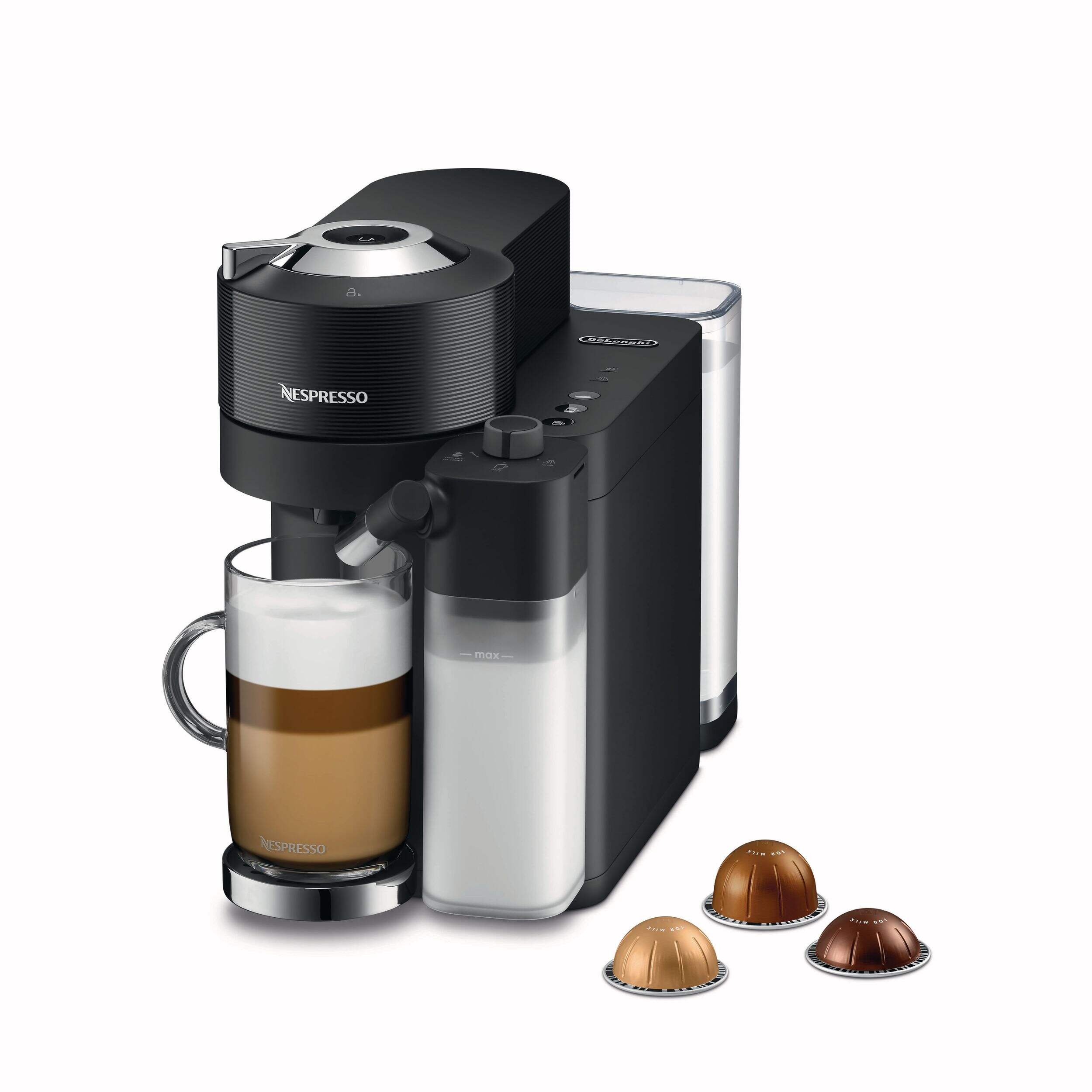 Machine à café et à espresso Vertuo Lattissima de Nespresso avec capacité de stockage de 10 capsules de DeLonghi, noir, 1 tasse Front_Angled_Left