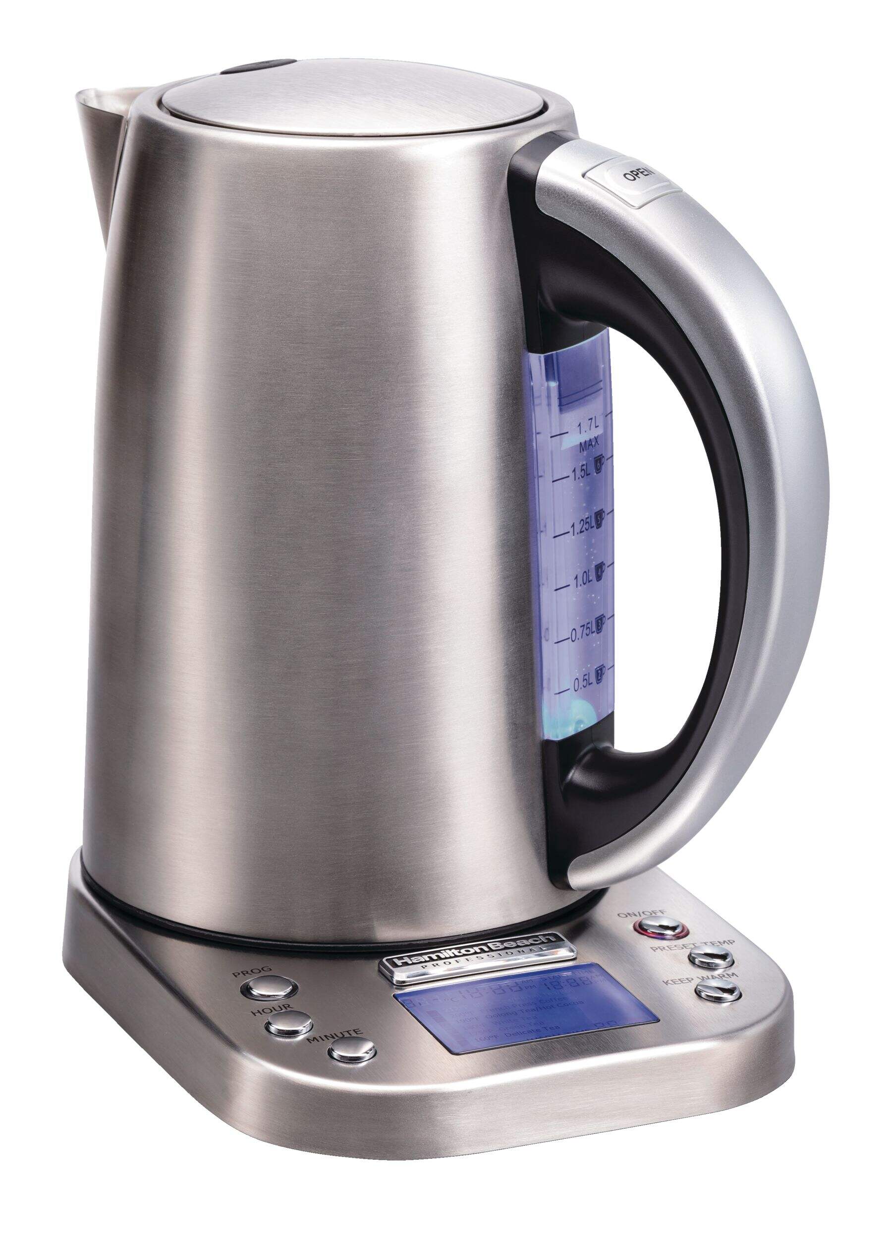Hamilton Beach Professional Cordless Electric Kettle w/ Digital LCD Base, Stainless Steel, 1.7L Front_Angled_Right