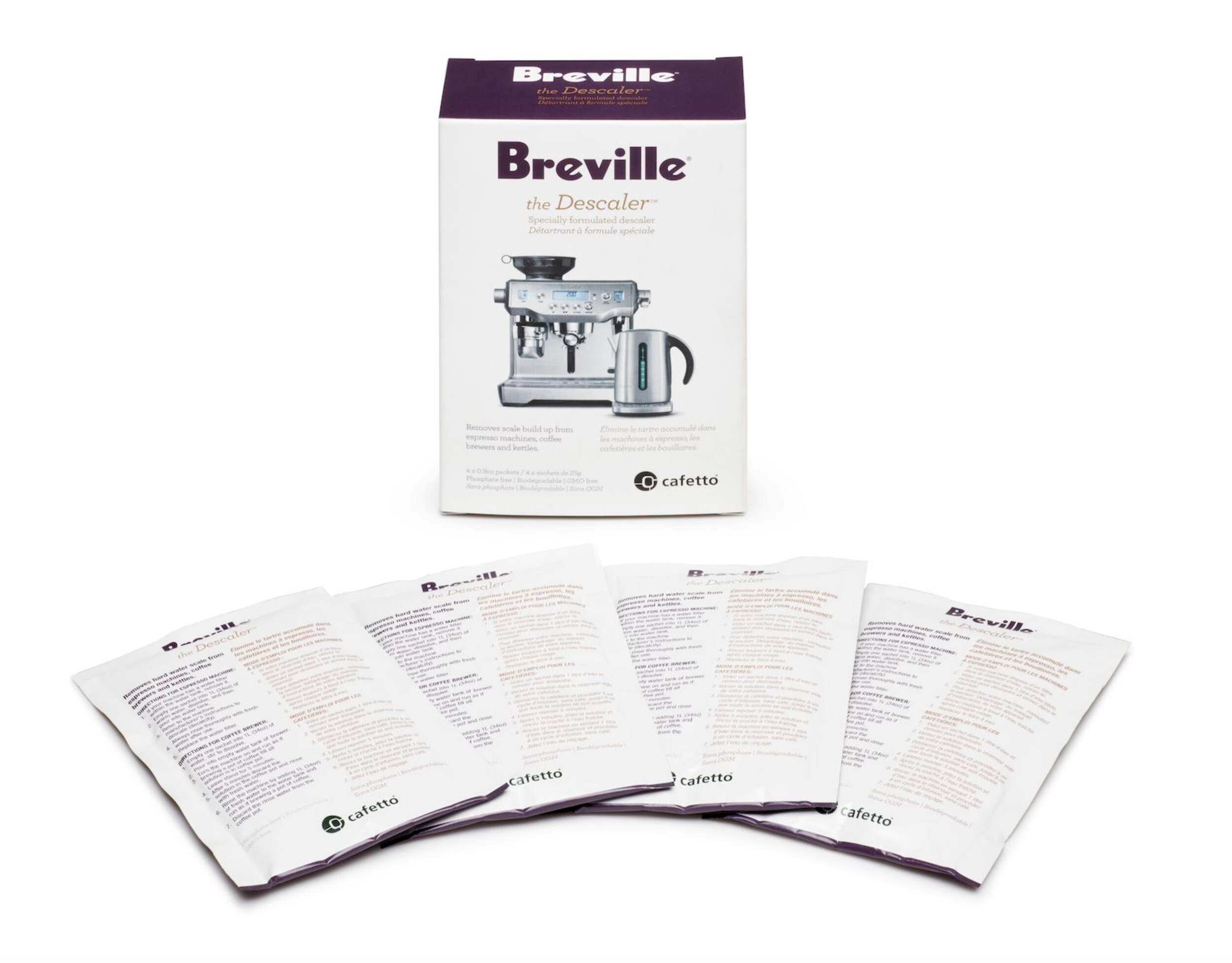 Breville Descaler for Removing Buildup from Coffee Makers & Appliances, 4-pk Front_Angled_Right