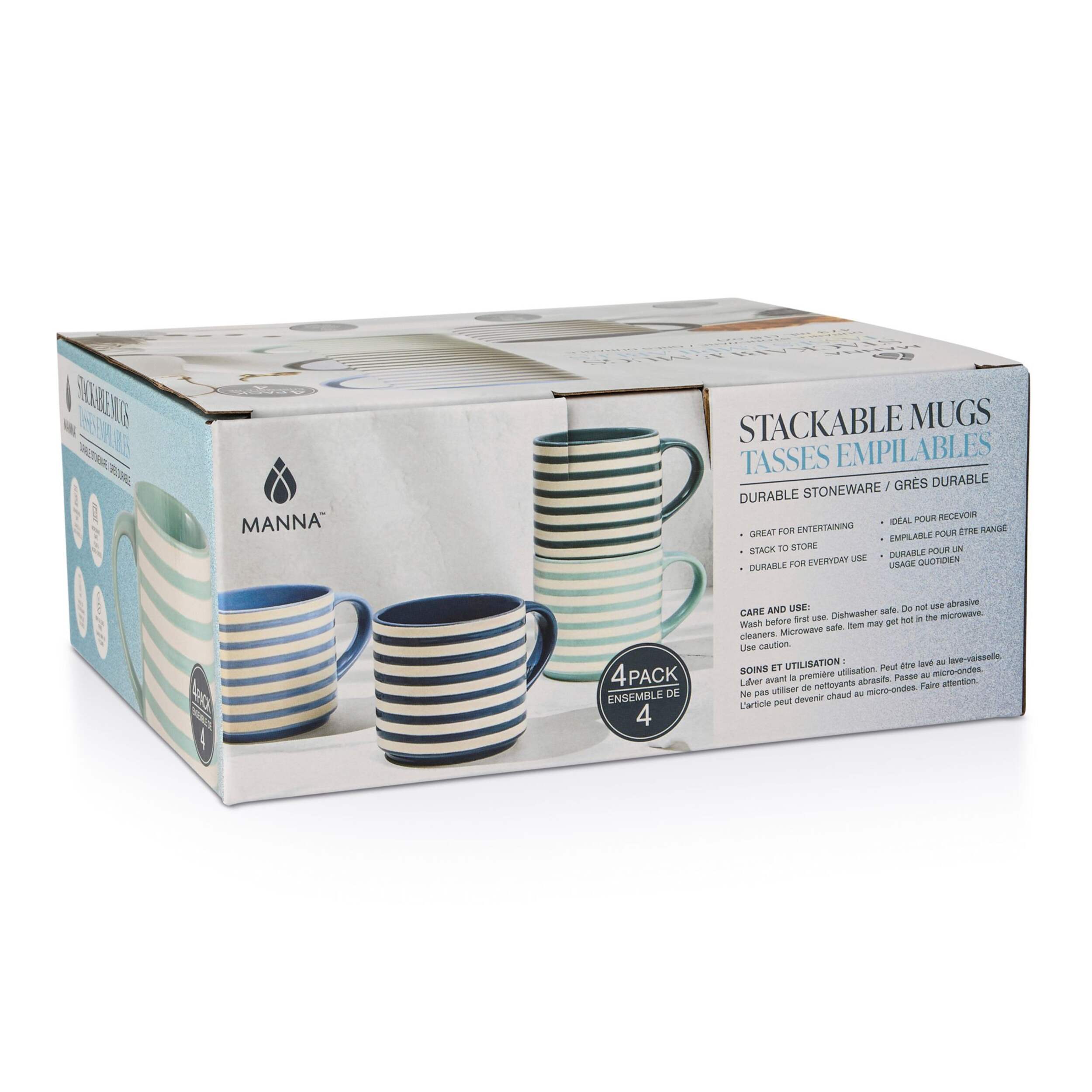 Manna Blue Strip Stackable Mugs, Assorted Colours, 4-pk Front_Three_Fourths_Angled_Right