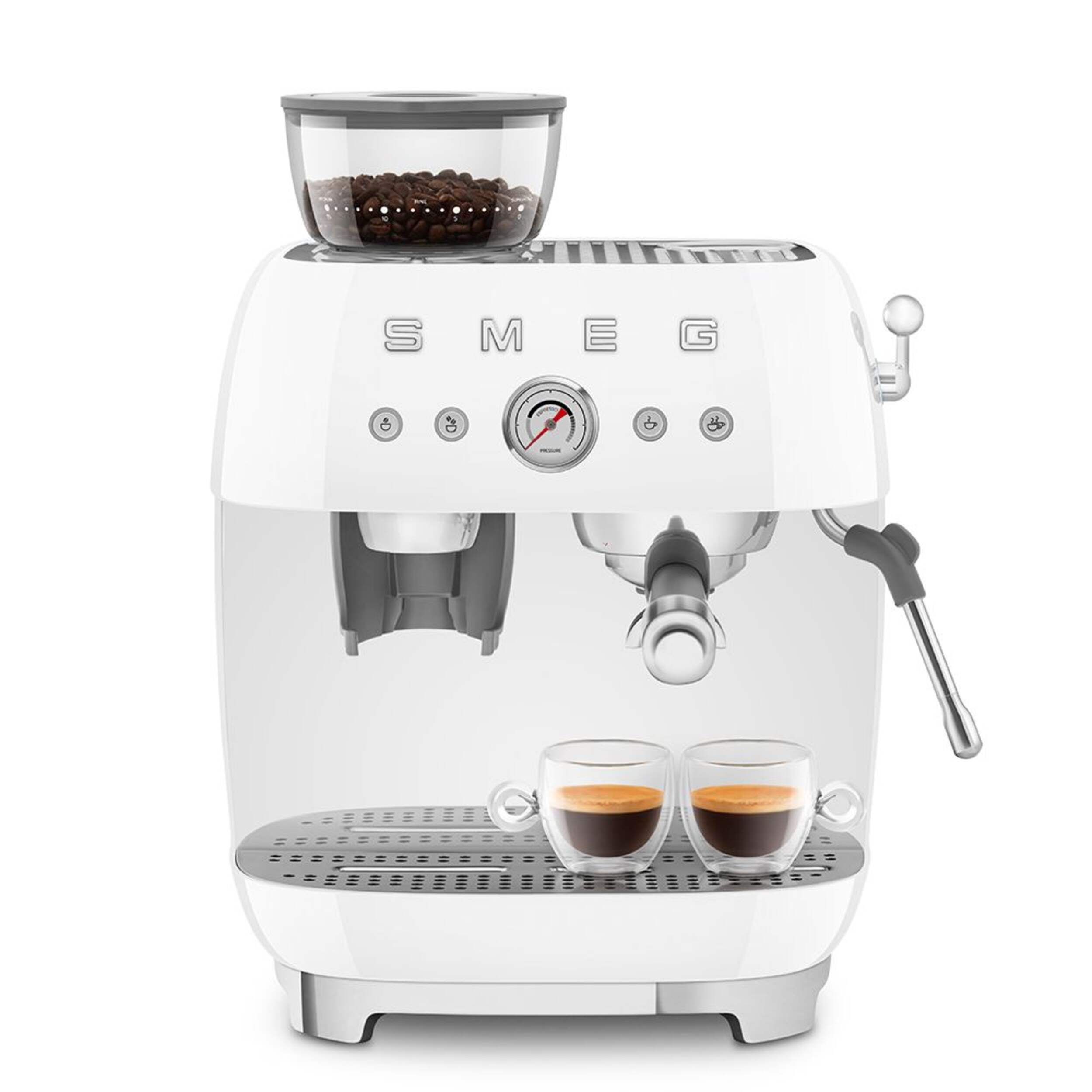 SMEG Espresso Coffee Machine with Integrated Grinder, White Front_Flat
