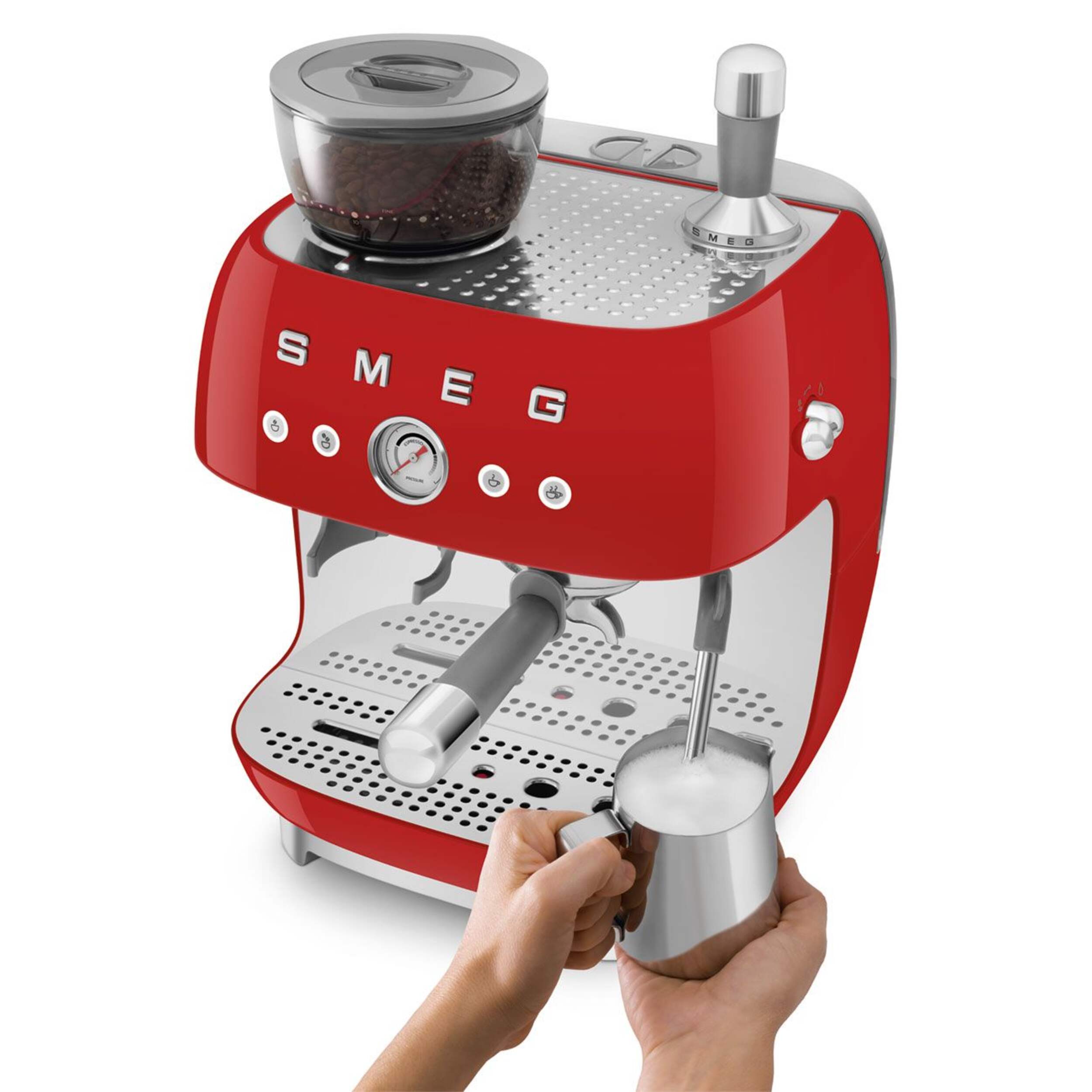 SMEG Espresso Coffee Machine with Integrated Grinder, Red Front_Angled_Left