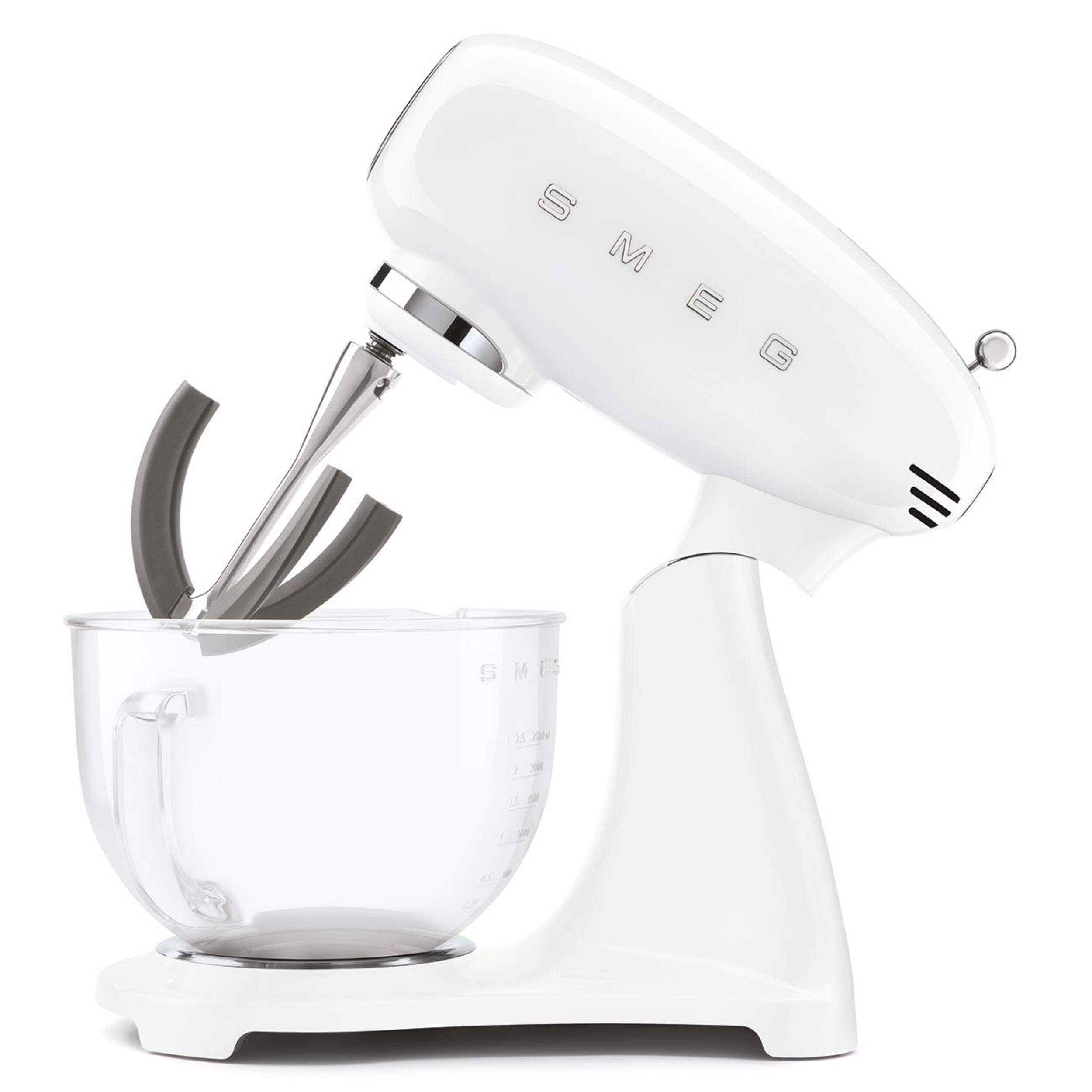 SMEG 600W Vintage Tilting Stand Mixer with Glass Bowl, White Side_Left