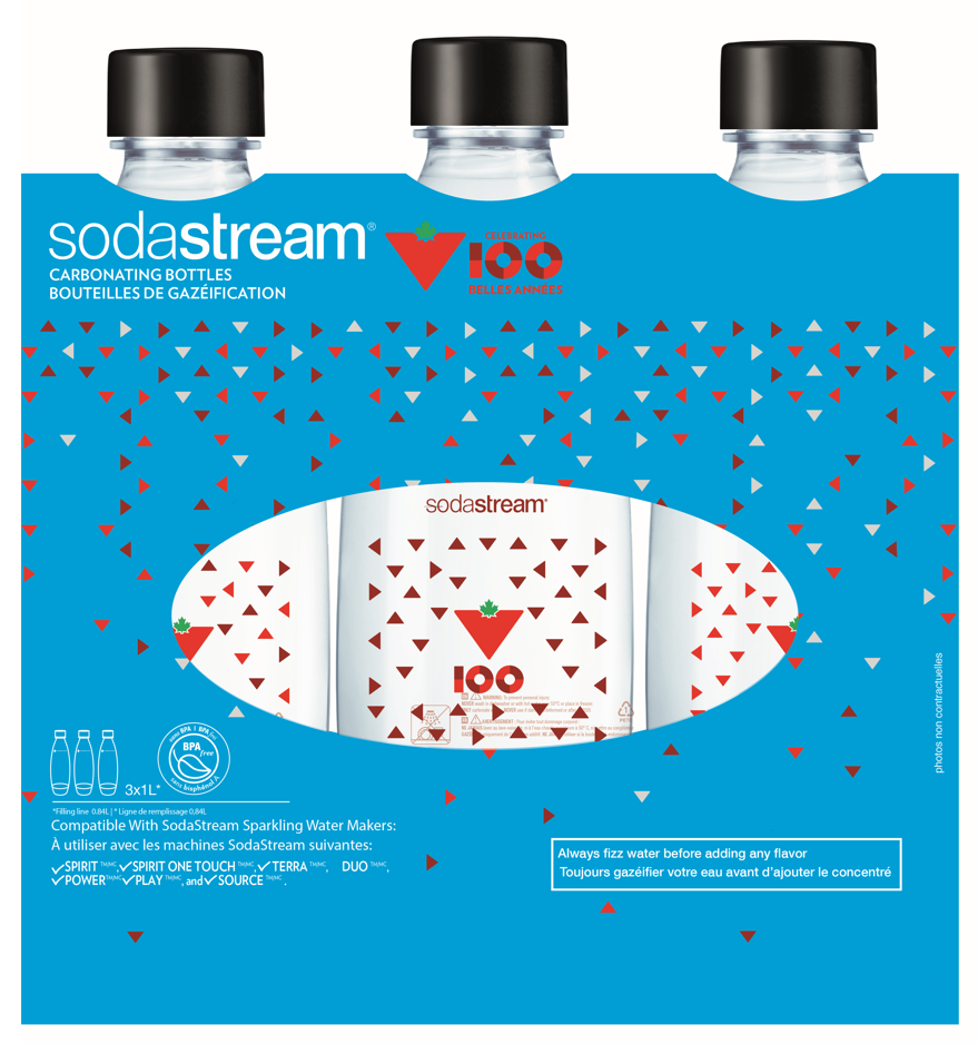 SodaStream Canadian Tire 100th Anniversary Special Edition Carbonating Bottles, 1L, 3pk