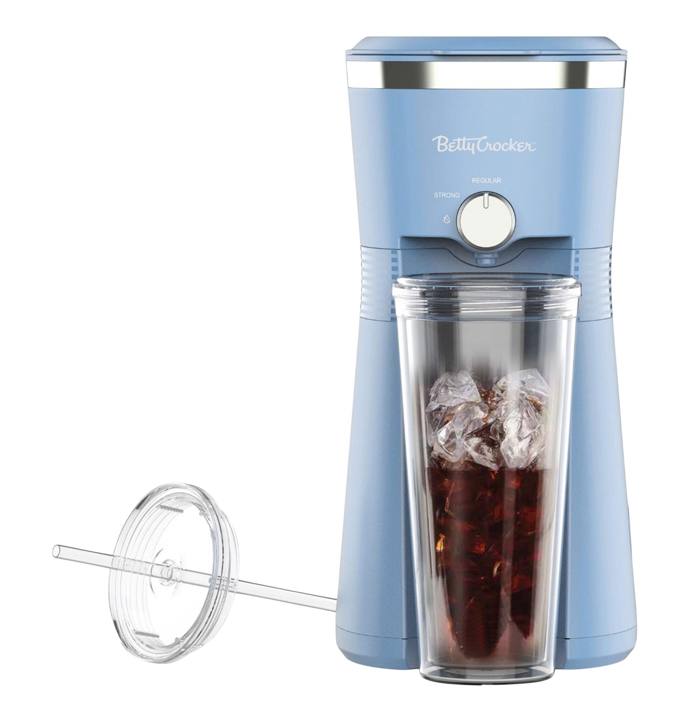 Betty Crocker Iced & Hot Coffee Maker with 20-oz Reusable Tumbler, Baby Blue Front_Flat