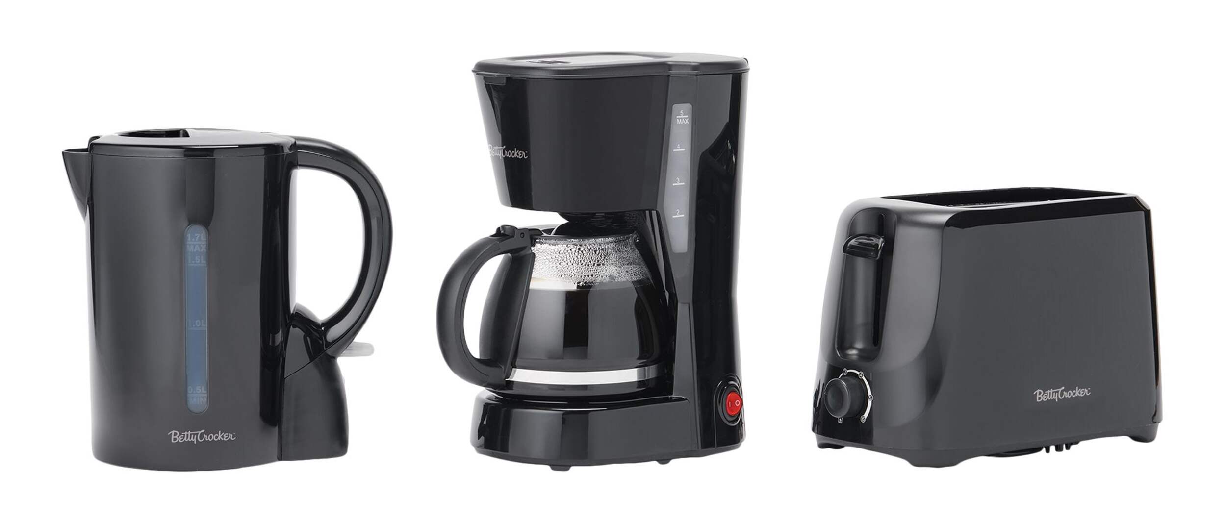 Betty Crocker 5-Cup Coffee Maker, Kettle & 2-Slice Toaster Set, Black, 3-pc Composite_or_Mixed