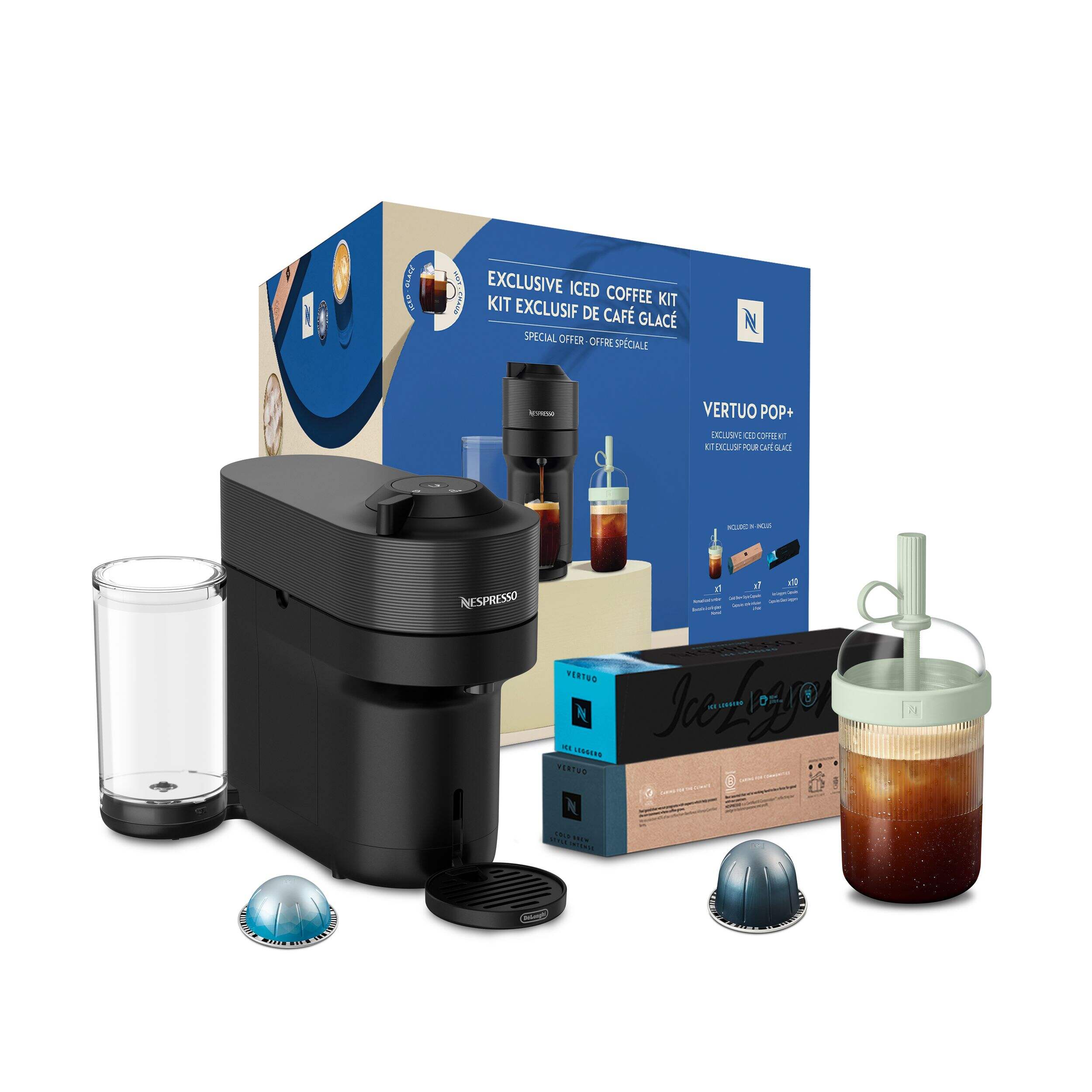 Nespresso Delonghi VPOP Summer Iced Coffee Bundle, 750 ML Removable Tank, Black  Composite_or_Mixed