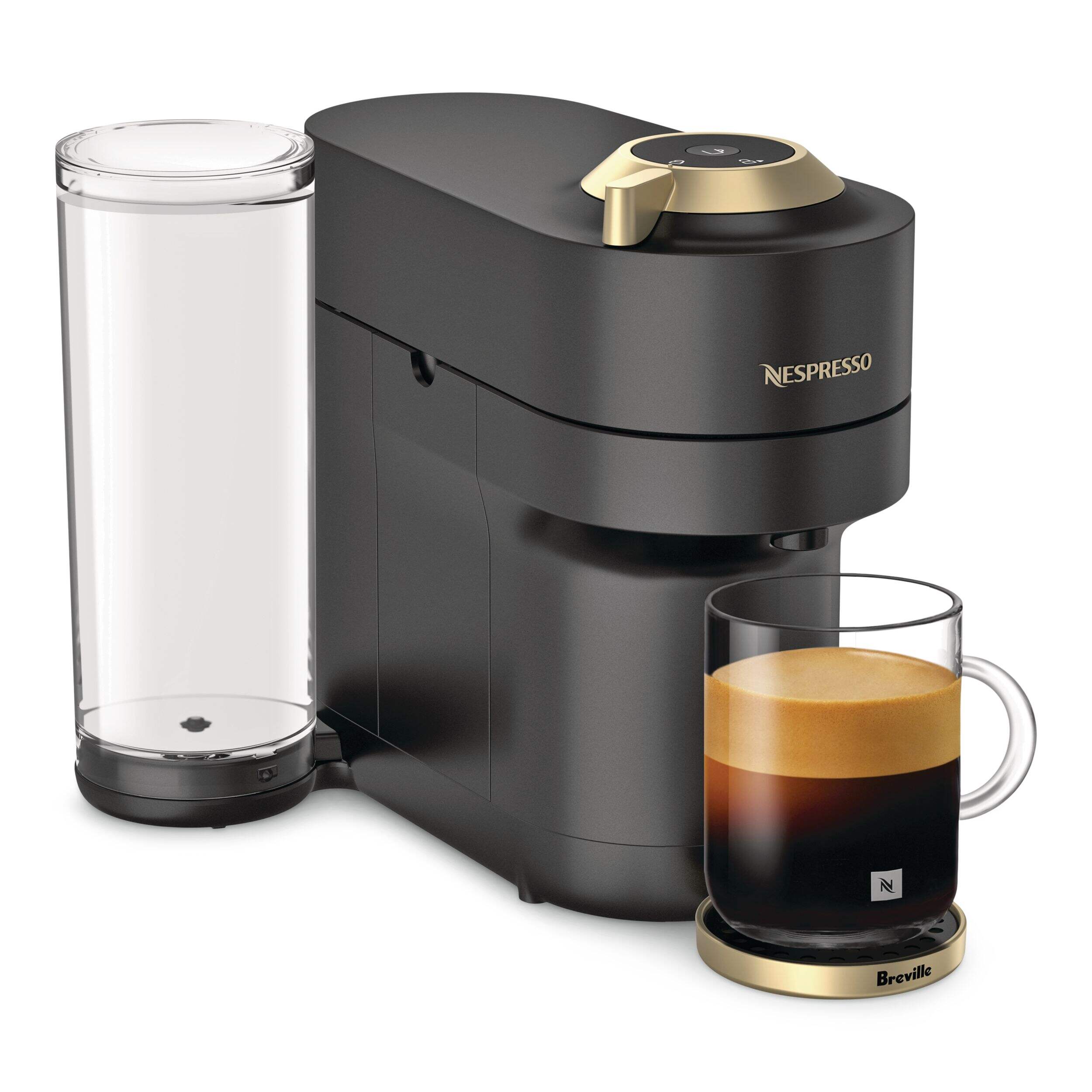 Nespresso Vertuo POP & Espresso Machine, By Breville, Black/Gold Front_Three_Fourths_Angled_Right
