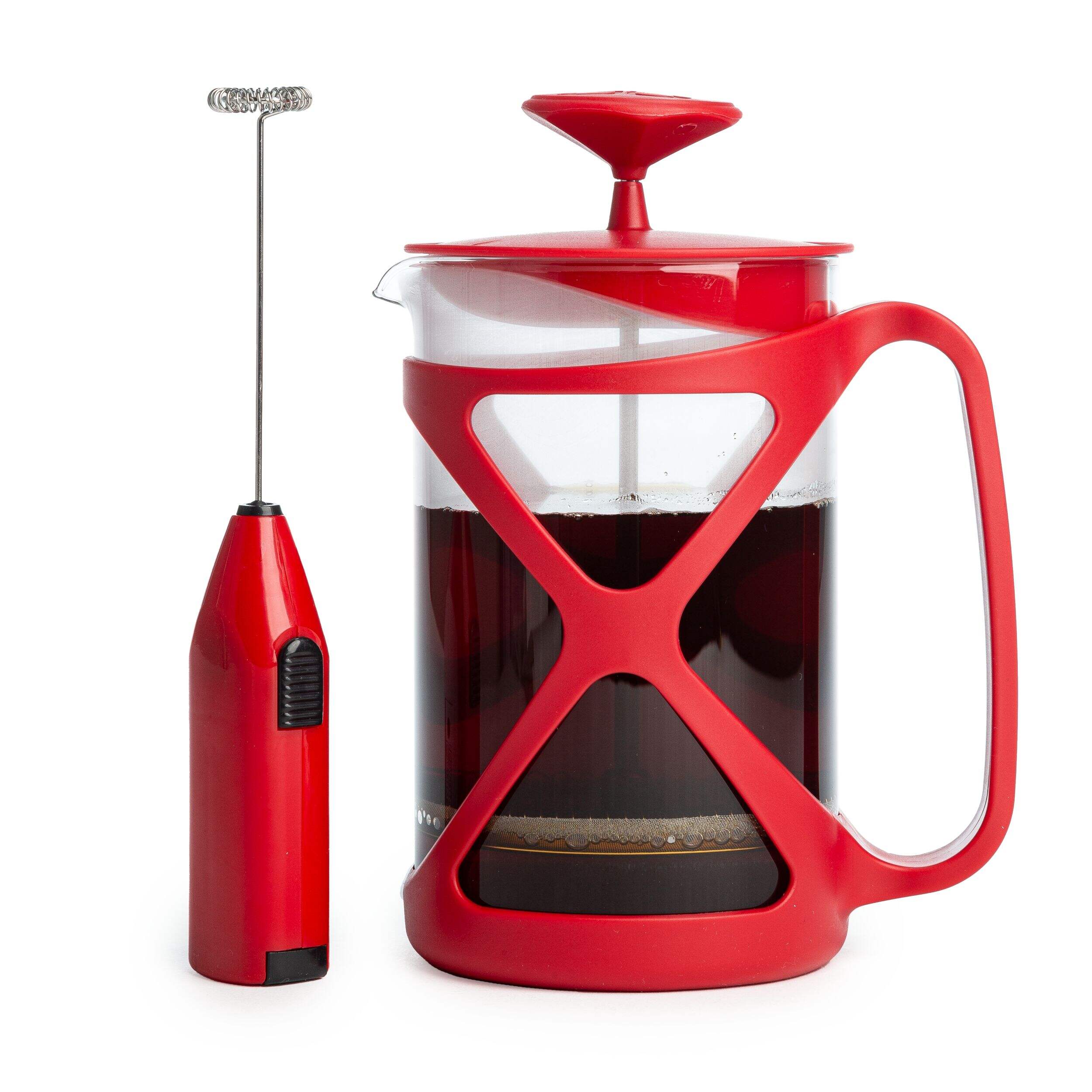 Primula 6-Cup Glass & Plastic French Press Coffee Maker with Frother Set, Red Front_Flat