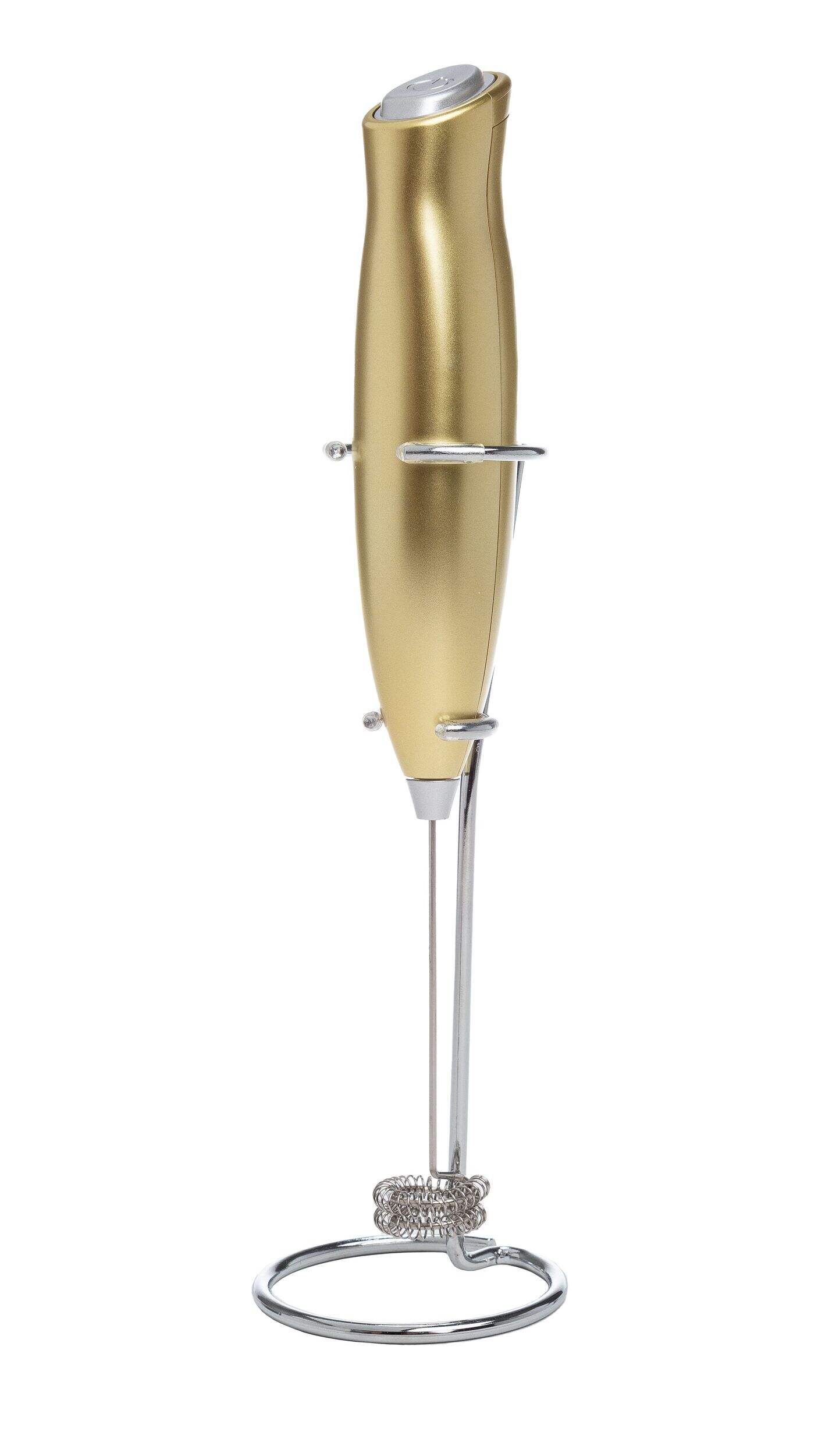 Primula Gold Handheld Milk Frother with Countertop Stand Front_Angled_Left