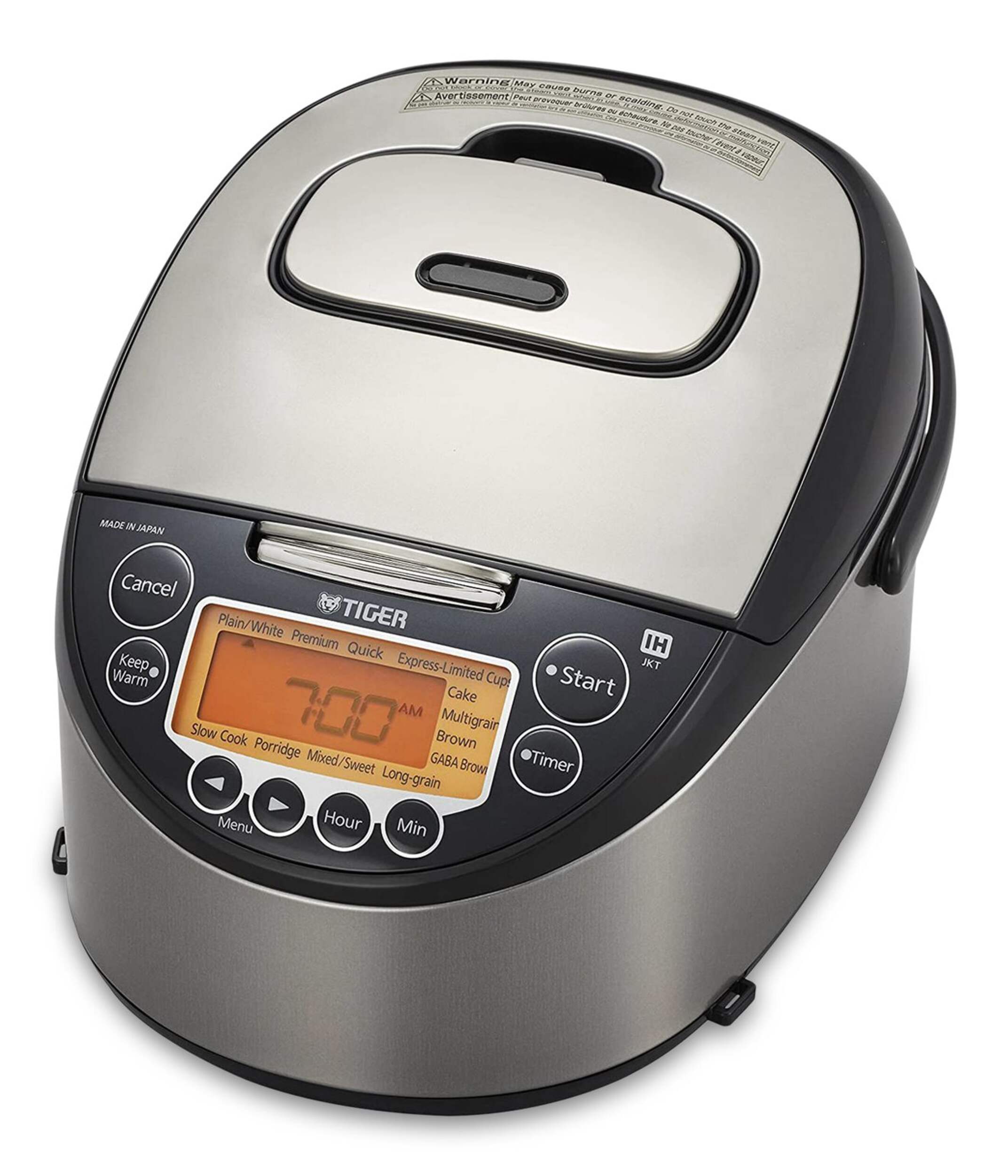 Tiger Stainless Steel Rice Cooker with Induction Heating Technology, Black/Grey, 5.5-cups Front_Three_Fourths_Angled_Left
