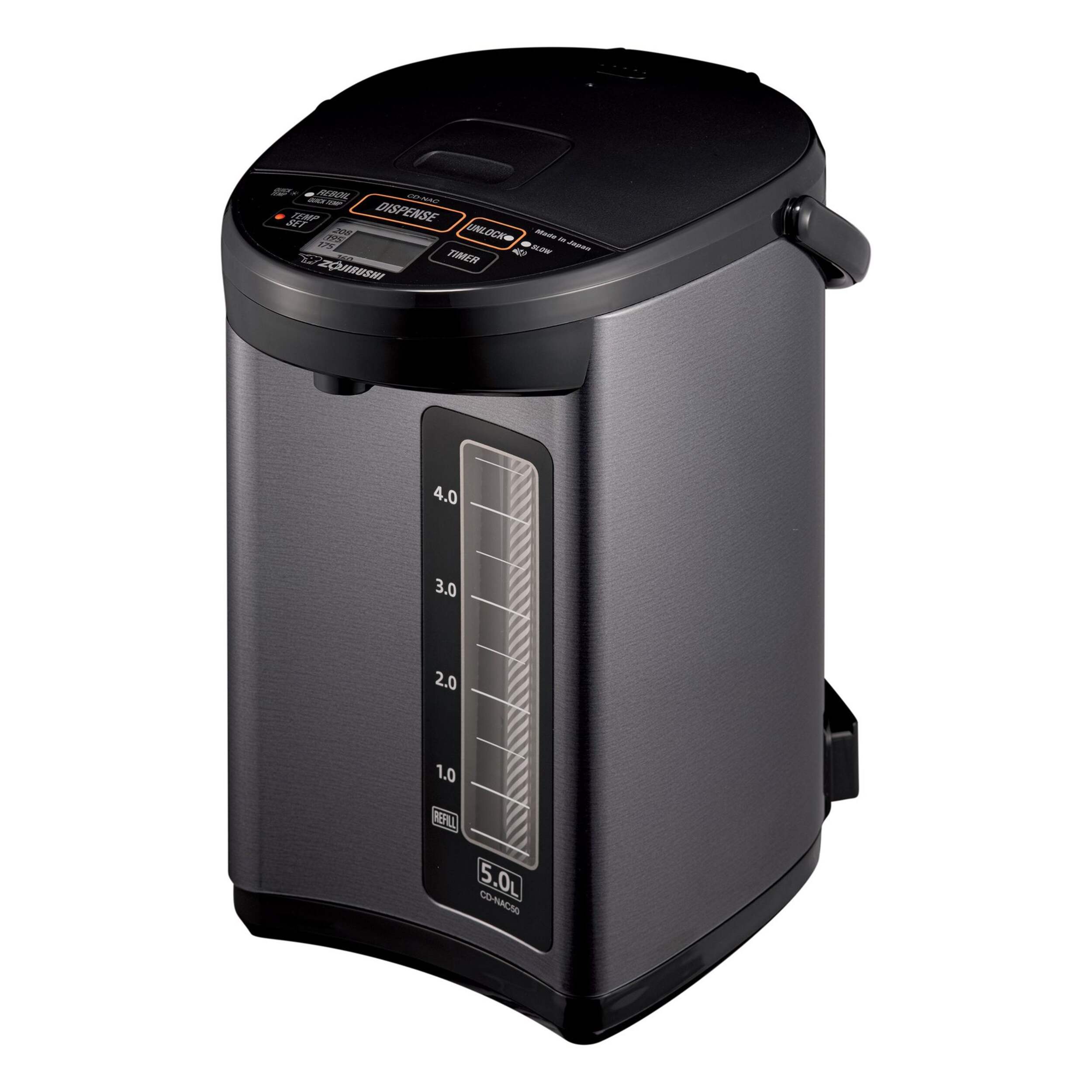 Zojirushi Micom Water Kettle Boiler & Warmer, Black/Stainless Steel, 5-L Front_Three_Fourths_Angled_Left