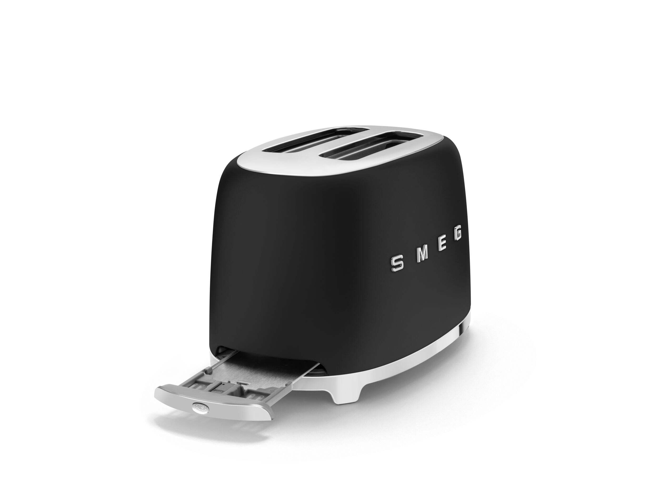 Smeg 50's Retro Style Wide Slot Pop Up Electric Toaster with 6 Settings, 2-Slices, Matte Black Front_Three_Fourths_Angled_Right