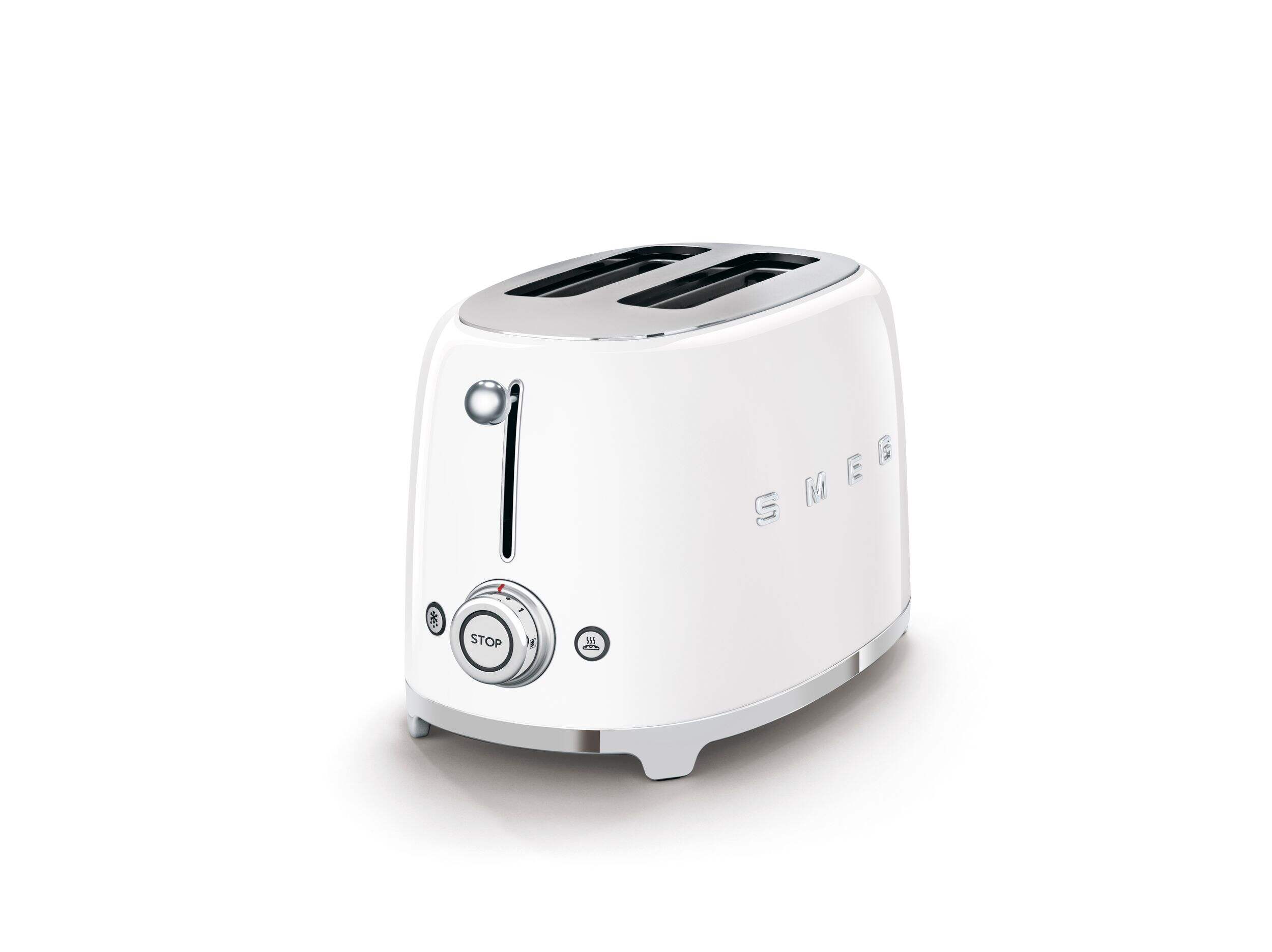 Grille-pain électrique à fentes larges et éjection automatique de style rétro années 50 Smeg avec 6 réglages, 2 tranches, blanc Front_Three_Fourths_Angled_Left