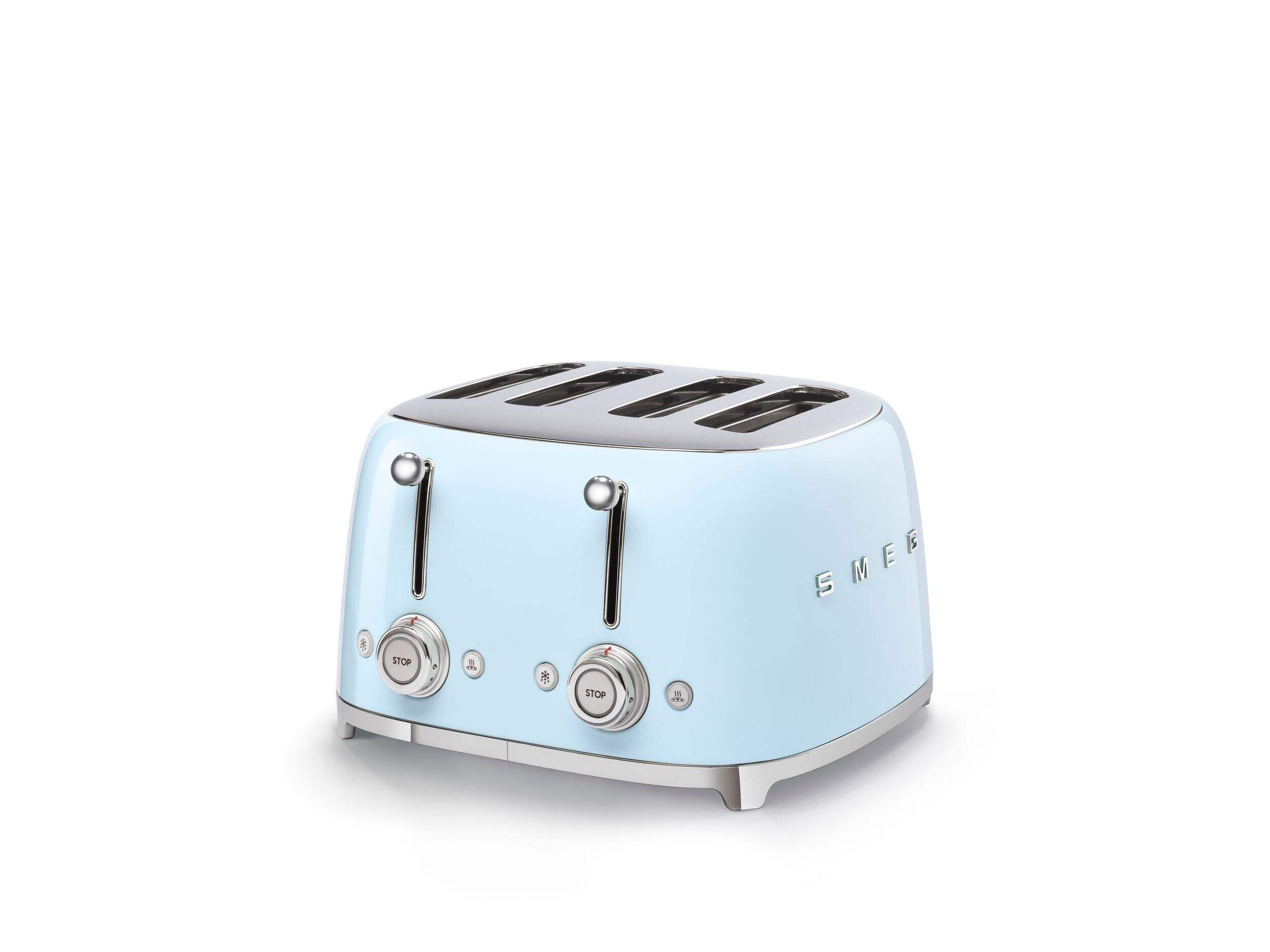 Smeg 50s Retro Style Wide Slot Pop-up Toaster, 4-Slice, Pastel Blue Front_Three_Fourths_Angled_Left