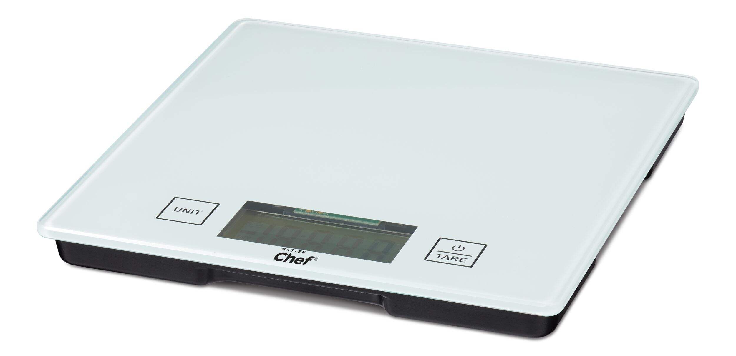 MASTER Chef Square Glass Kitchen Scale, White, 5-kg Front_Angled_Left