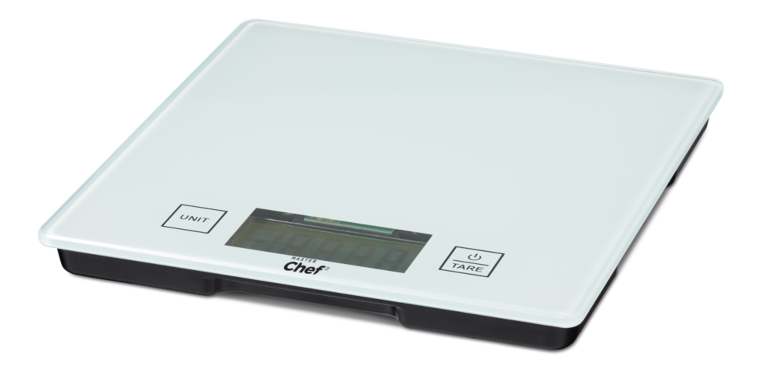 MASTER Chef Square Glass Kitchen Scale, White, 5-kg Front_Angled_Left