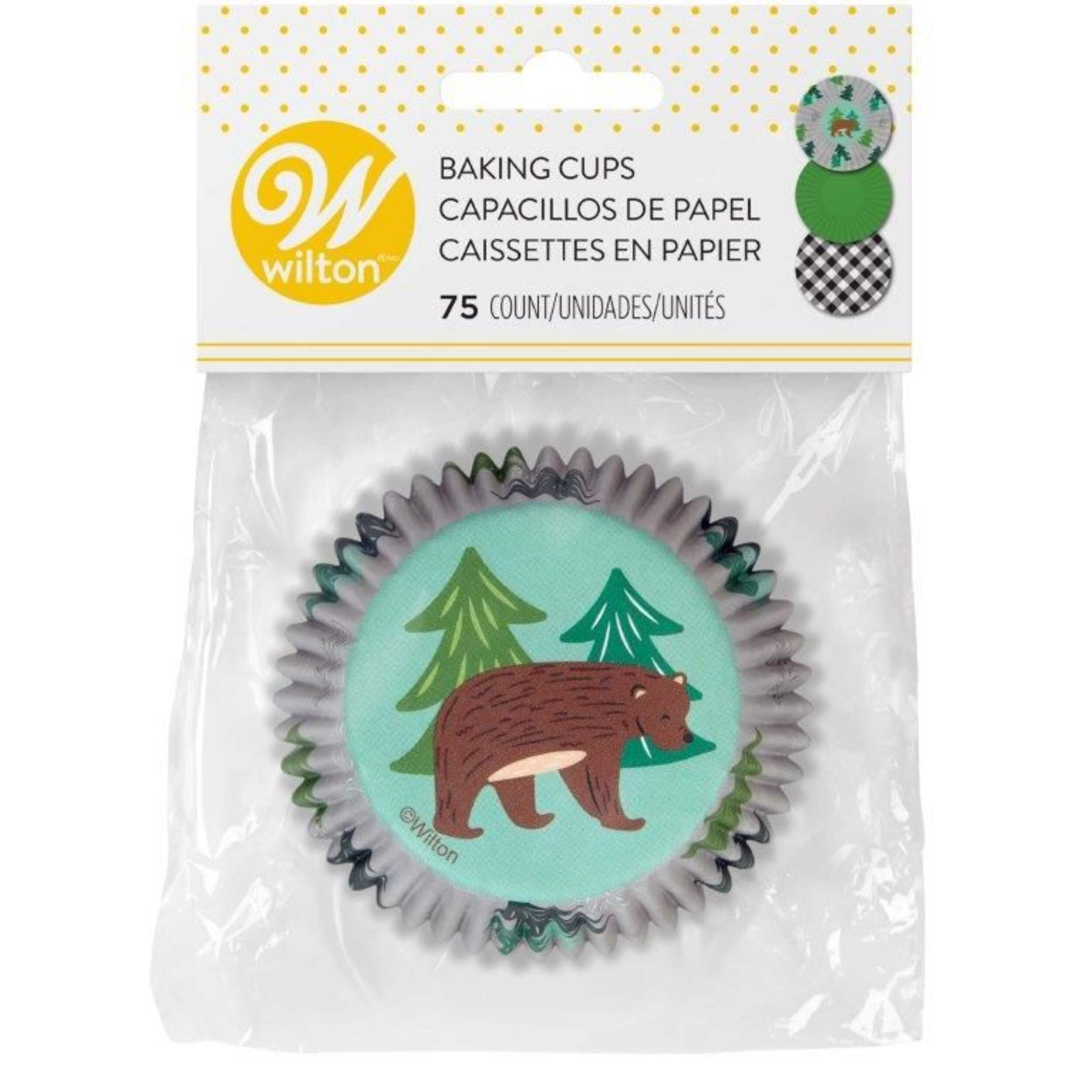 Wilton Camping Adventures Bear Baking Cups, Green/Black, Plaid, 2-in, 75-pk, for Birthday/Baby Shower Front_Flat