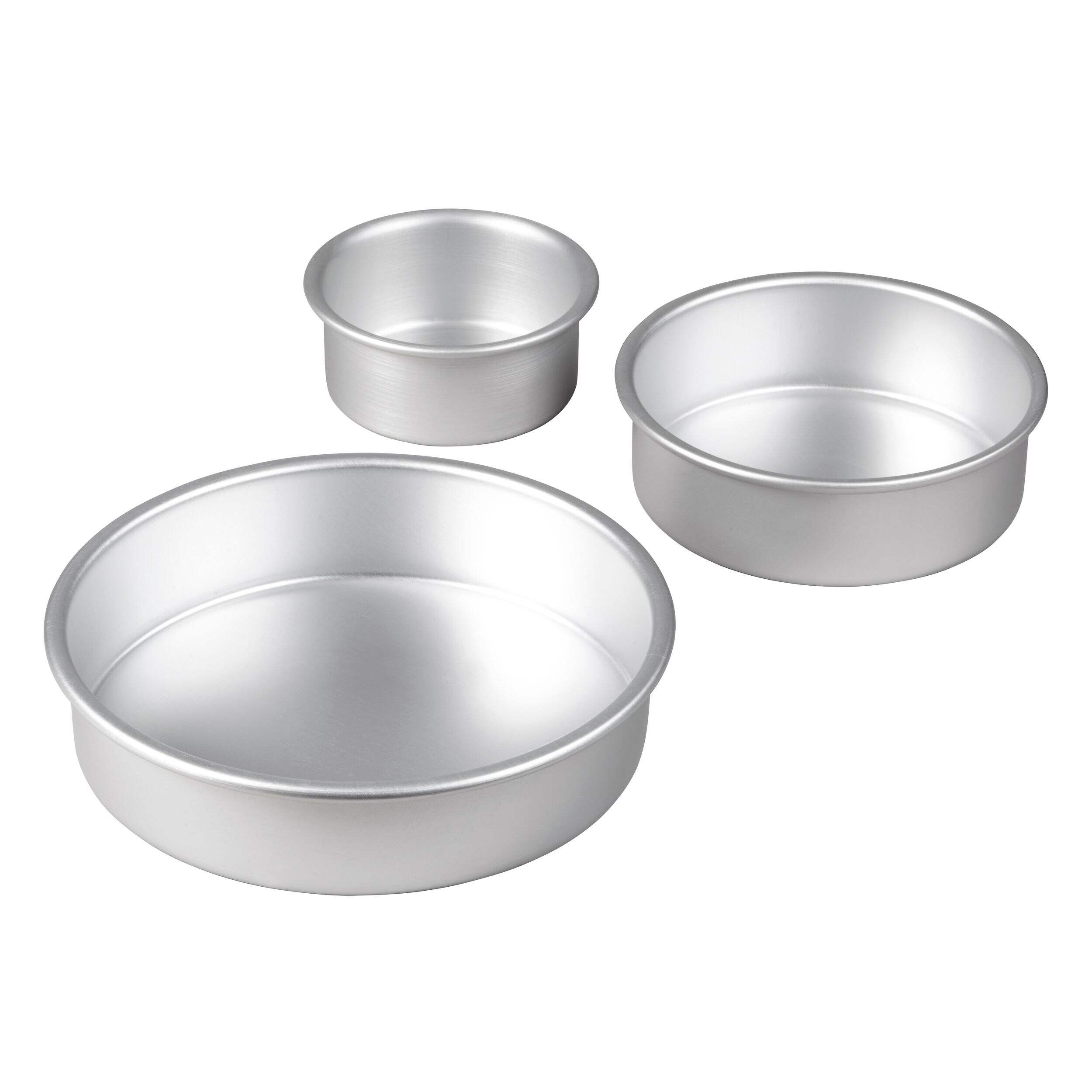 Wilton Round Aluminum Reusable Cake Pan, Silver, 4x8-in, 3-pk, for Baking Composite_or_Mixed