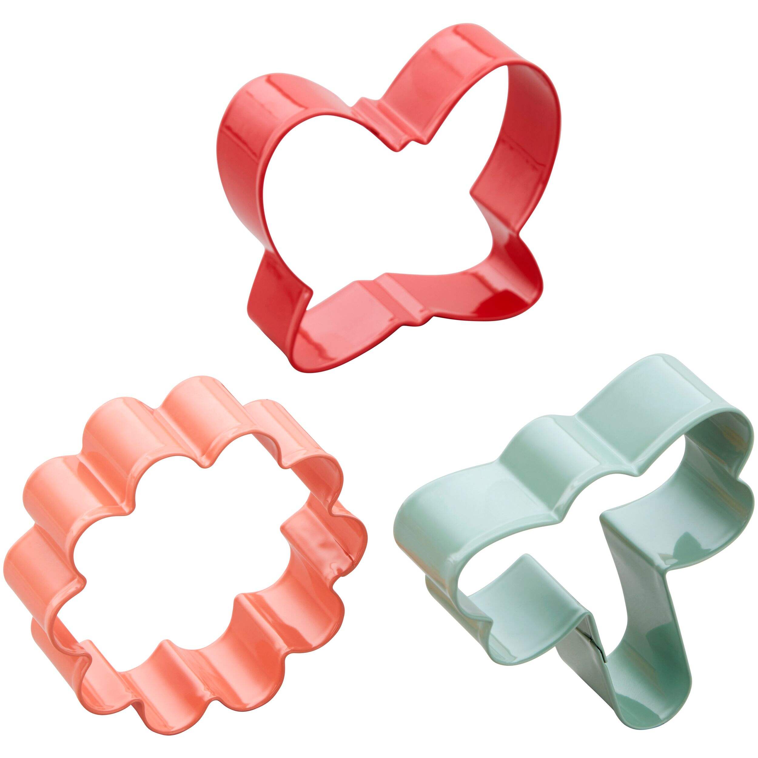 Wilton Butterfly/Flower/Dragon Fly Cookie Cutter Set, Red/Orange/Green, 3-pk, for Birthday Party Front_Three_Fourths_Angled_Right