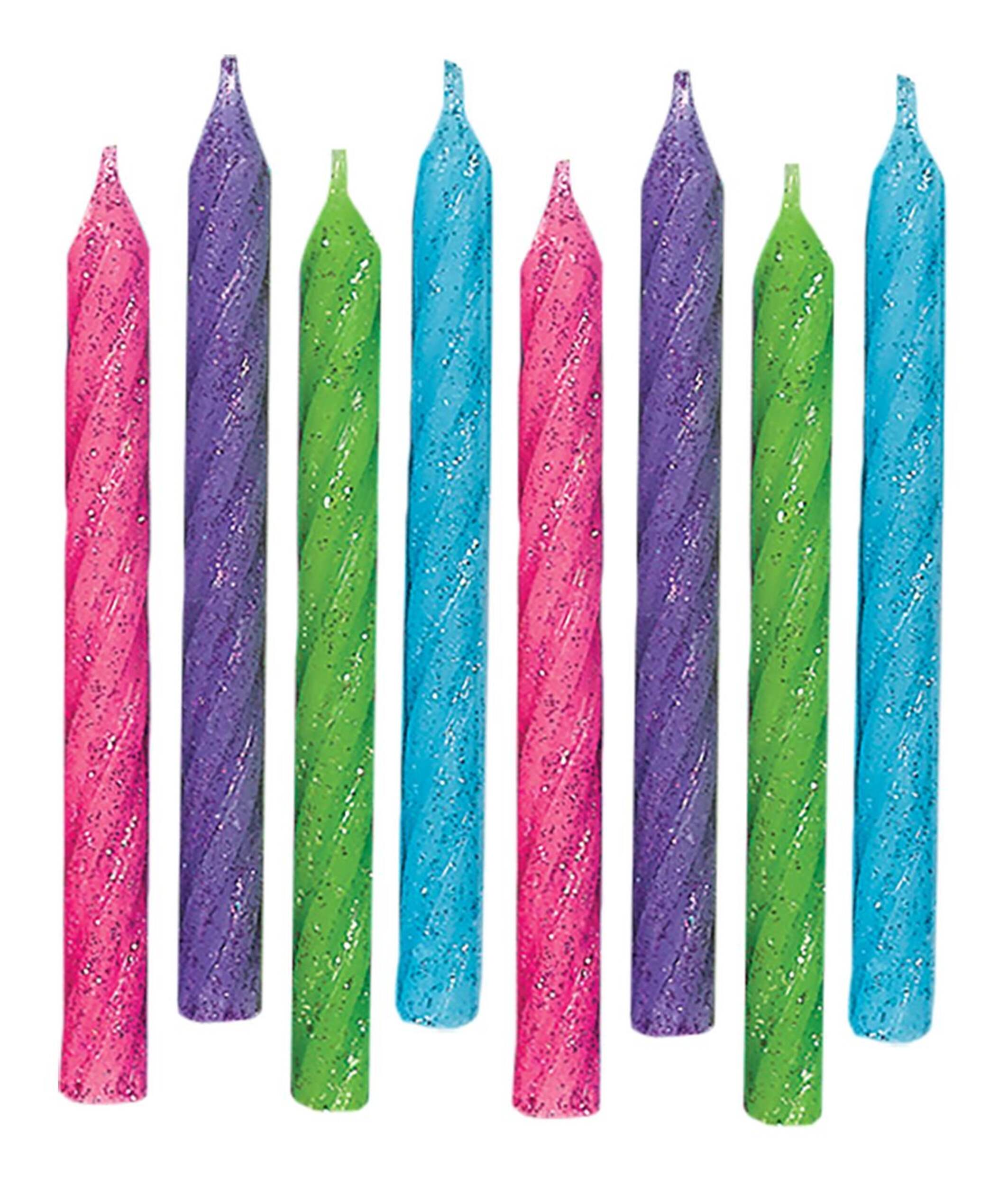 Spiral Glitter Wax Candles, Pink/Purple/Green/Blue, 3.2-in, 24-pk, for Birthday Party Front_Flat