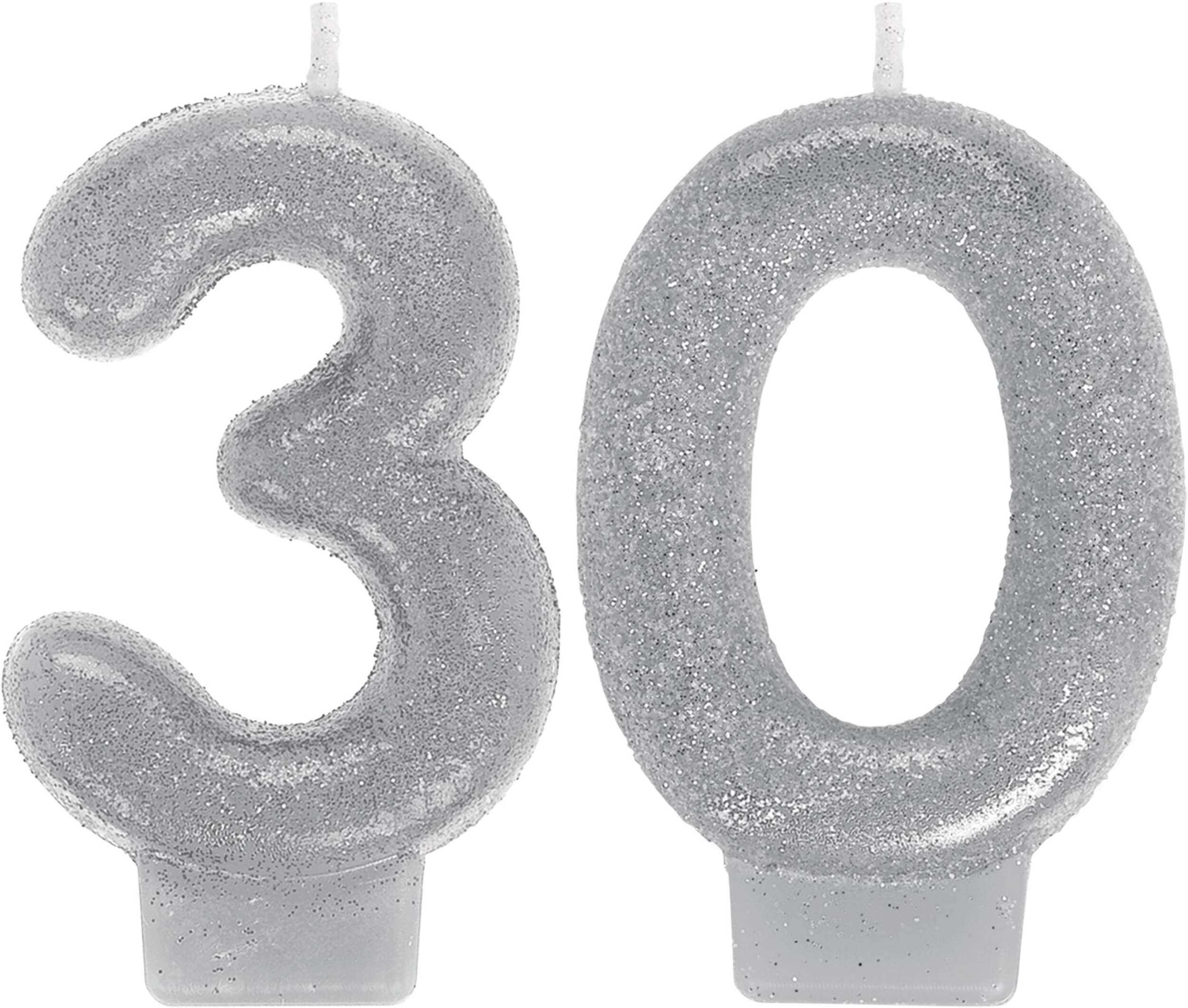 Bougies d'anniversaire nombre 30, argent scintillant, paq. 2 Front_Flat