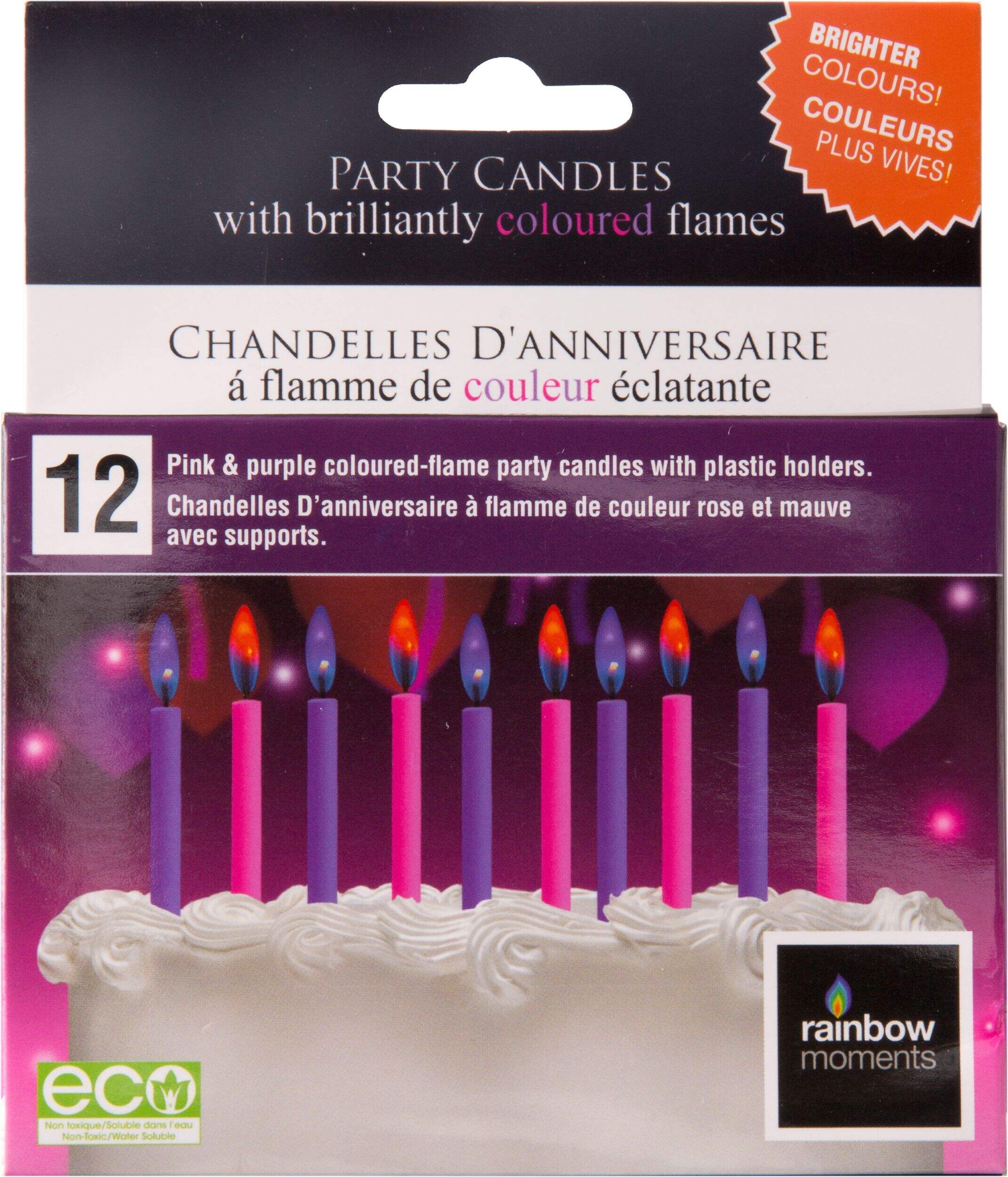 Colour Flame Wax Candles, Pink/Purple, 2.25-in, 12-pk, for Birthday Party Front_Flat