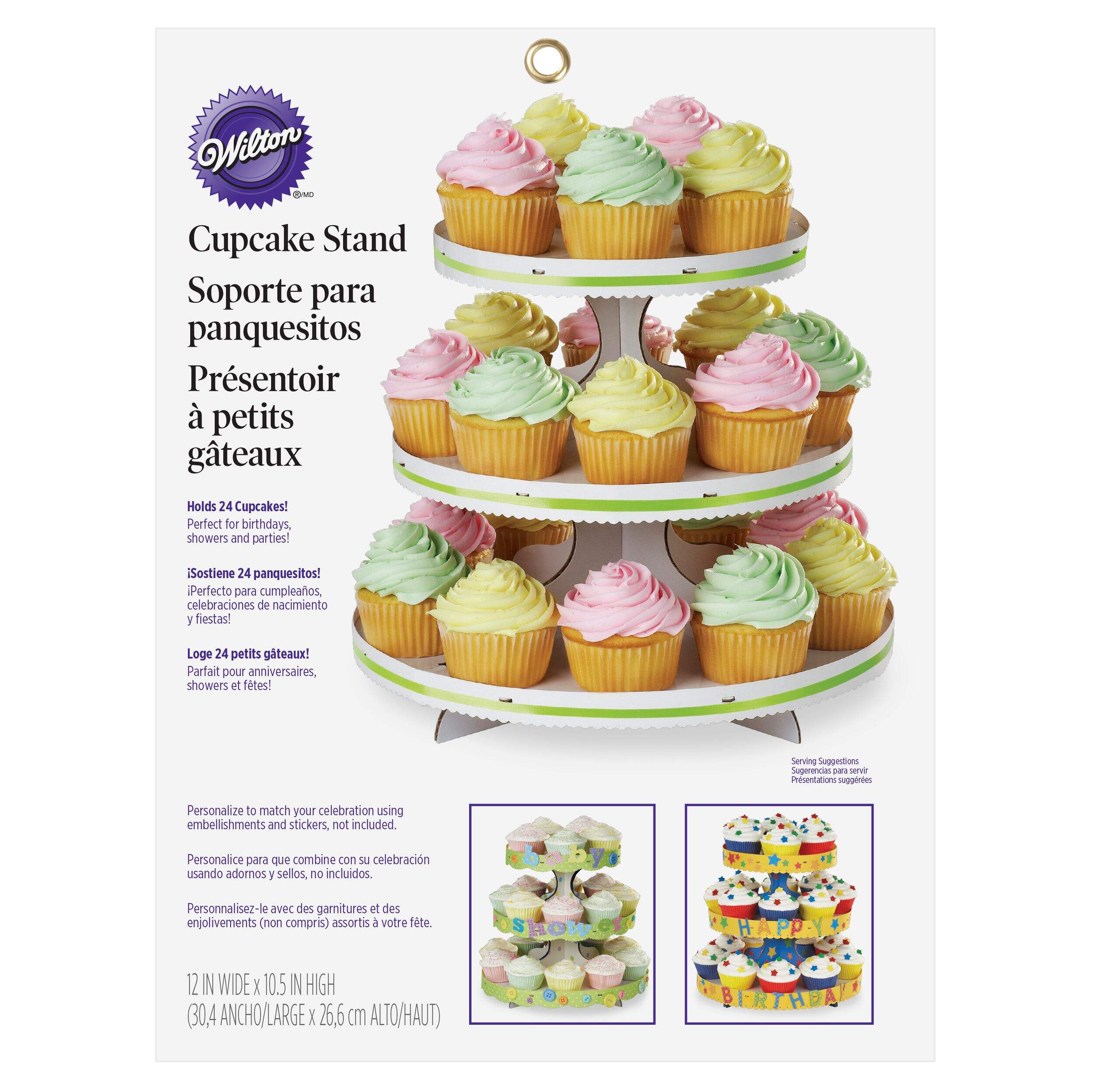 Wilton 3-Tier Treat Stand, White/Green, 12x10.5-in, for Cupcake Stand for Parties Birthday/Baby Shower/Wedding/Anniversary Front_Flat