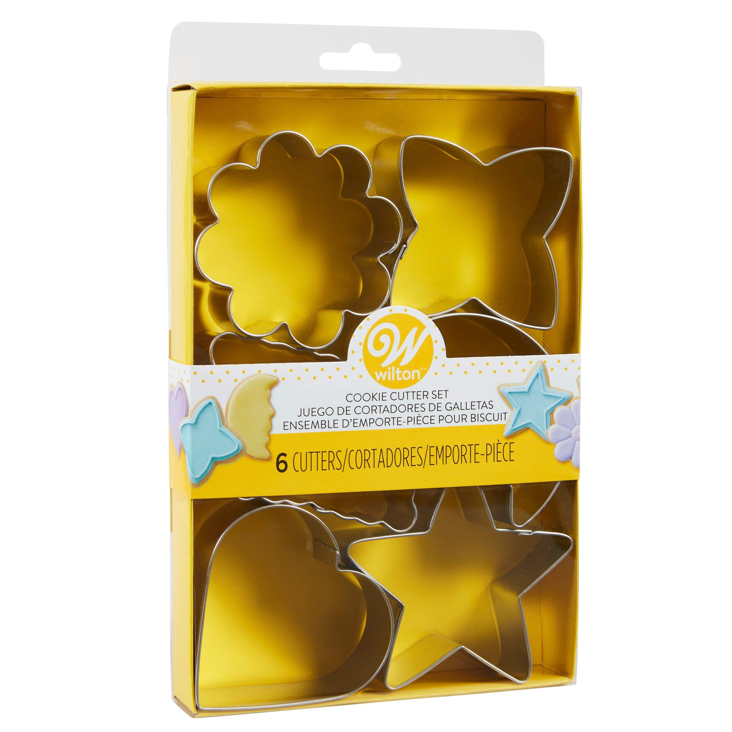 Wilton Star/Heart/Moon/Flower Cookie Cutter Set, Silver, 6-pk, for Birthday Party Front_Angled_Right