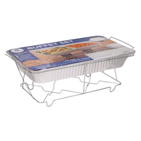 Rectangle Reusable Buffet Set with Pans, Wire Racks, Serving Spoons, Serving Forks & Fuel Cans, Silver, 8 pack, for Birthday/Wedding/Anniversary Front_Three_Fourths_Angled_Right