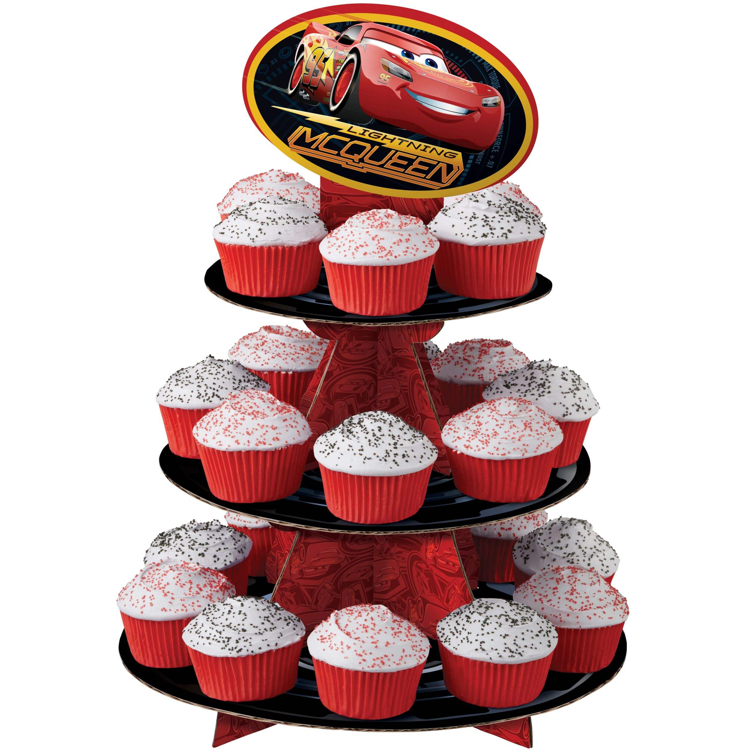 Disney Cars Lightning McQueen & Cruz Wilton 3-Tier Treat Stand, Black/Red, 11.7-16-in, for Treat Display Birthday Party Front_Elevated