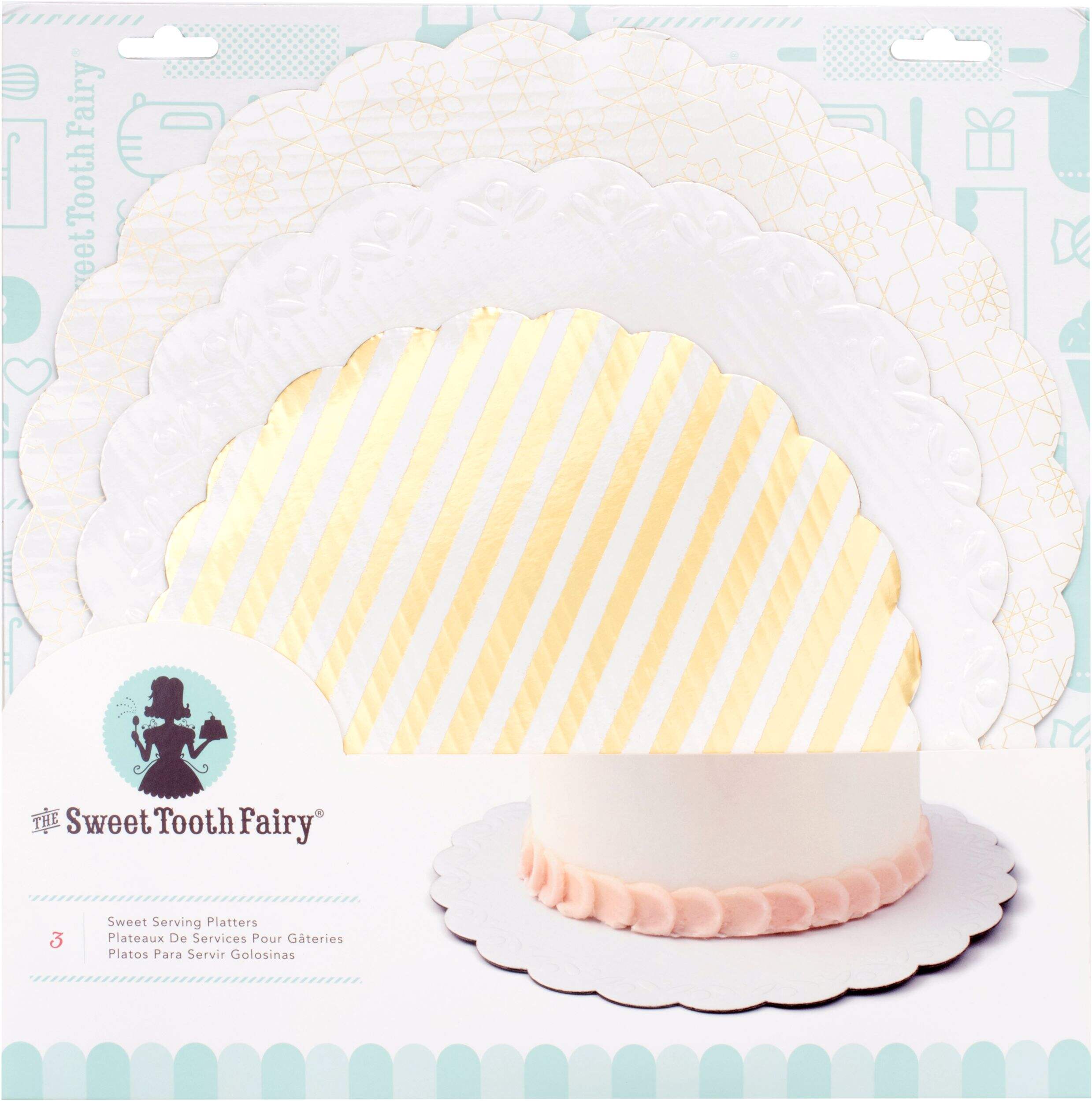 Plateaux de service pour gâteaux Sweet Tooth Fairy, or et blanc, paq. 3 Front_Flat