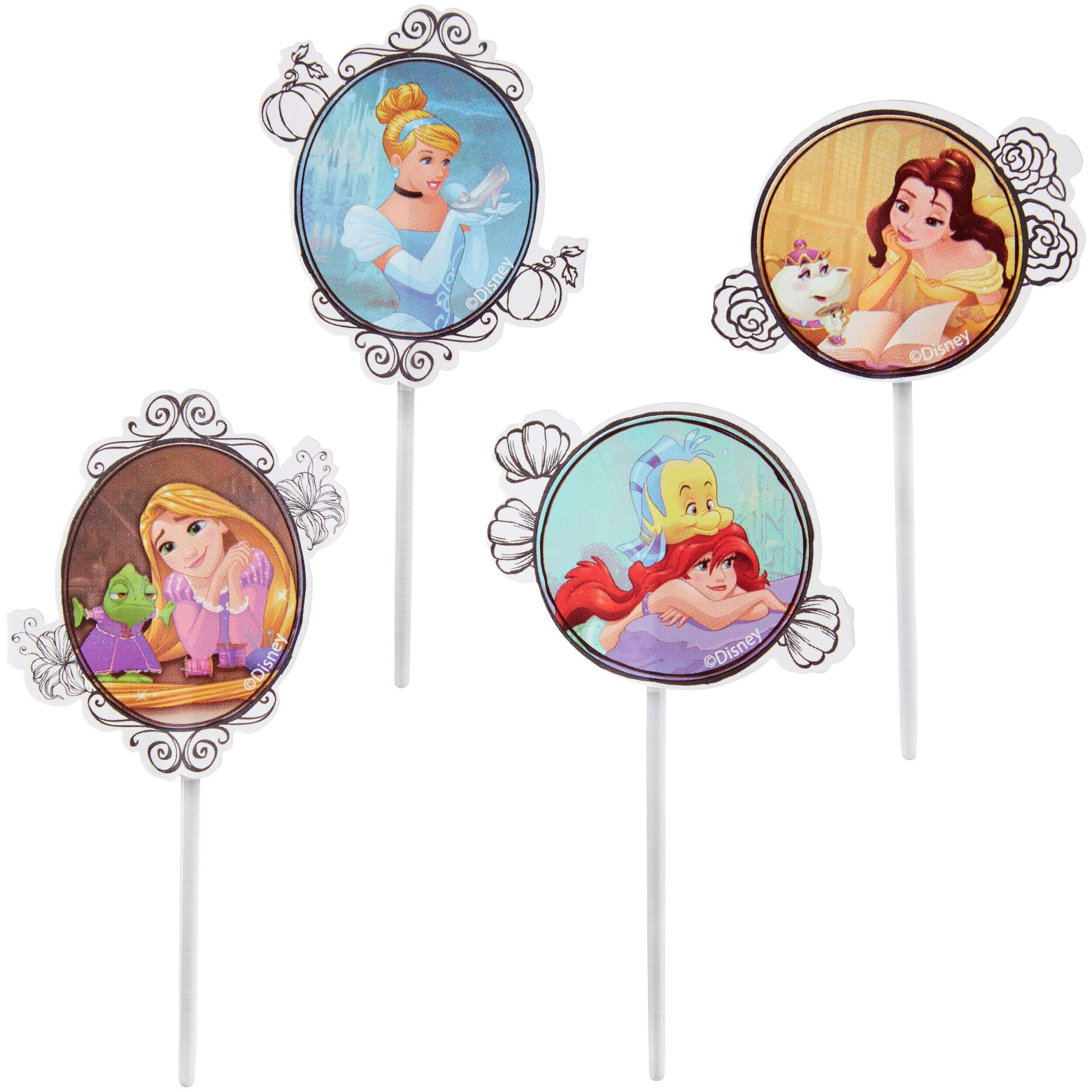 Disney Princess Once Upon A Time Cinderella/Ariel/Belle/Rapunzel Wilton Treat Party Picks, Multi-Coloured, 4.5-in, 24-pk, for Birthday Party Front_Flat