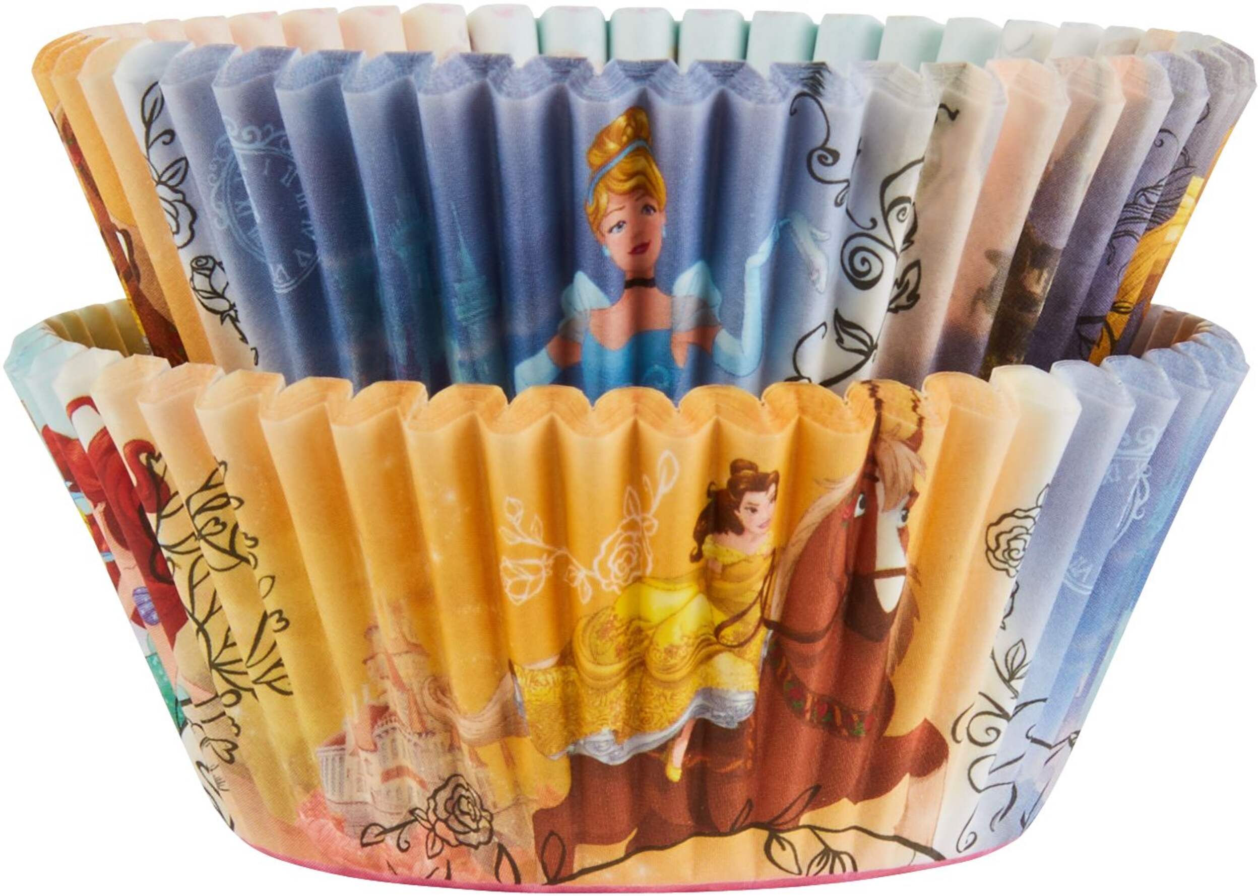 Disney Princess Once Upon A Time Cinderella/Ariel/Belle/Rapunzel Wilton Baking Cups, Blue/Gold, 2-in, 50-pk, for Birthday Party Front_Elevated