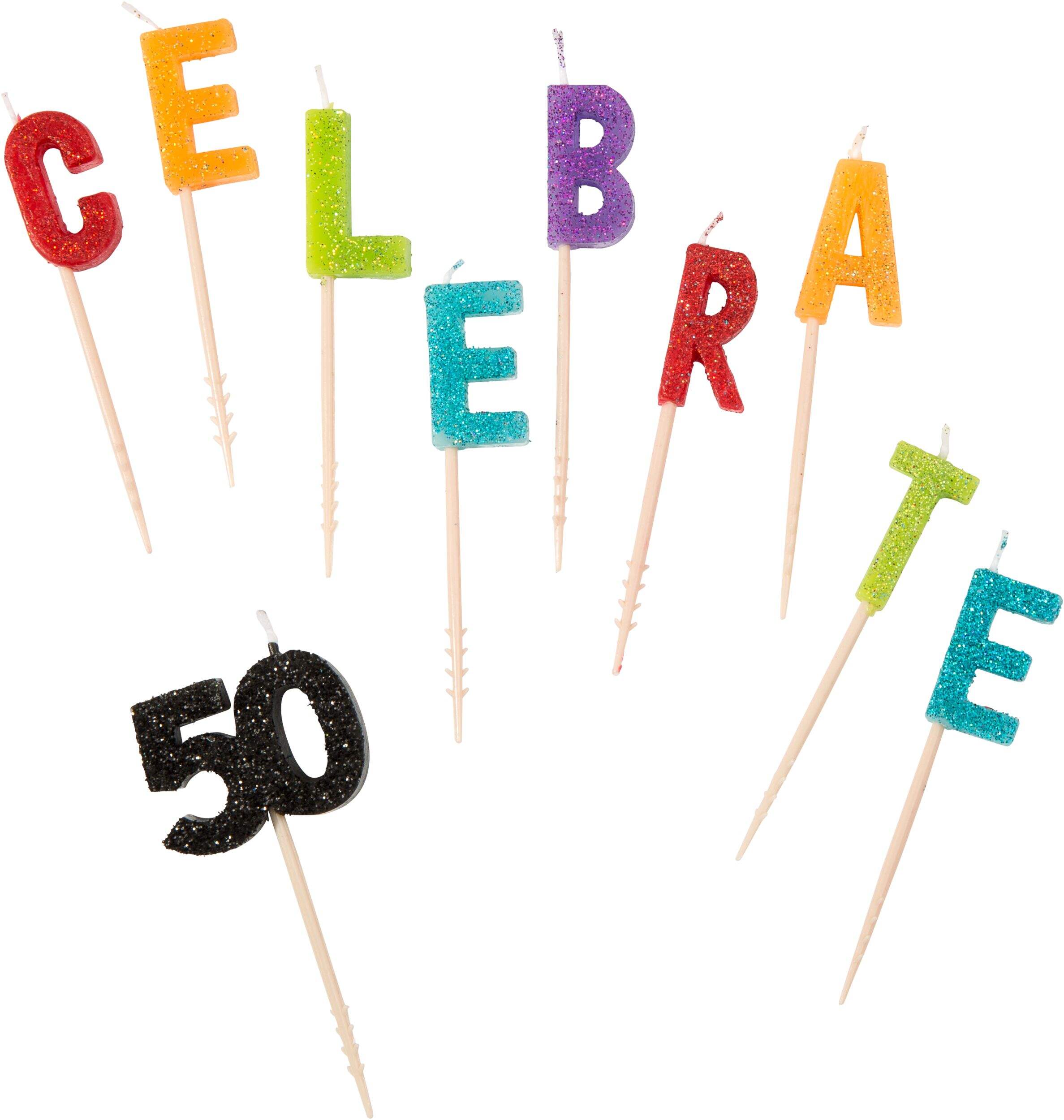 Glitter Celebrate 50 Birthday Toothpick Candle Set, 10-pc Front_Flat