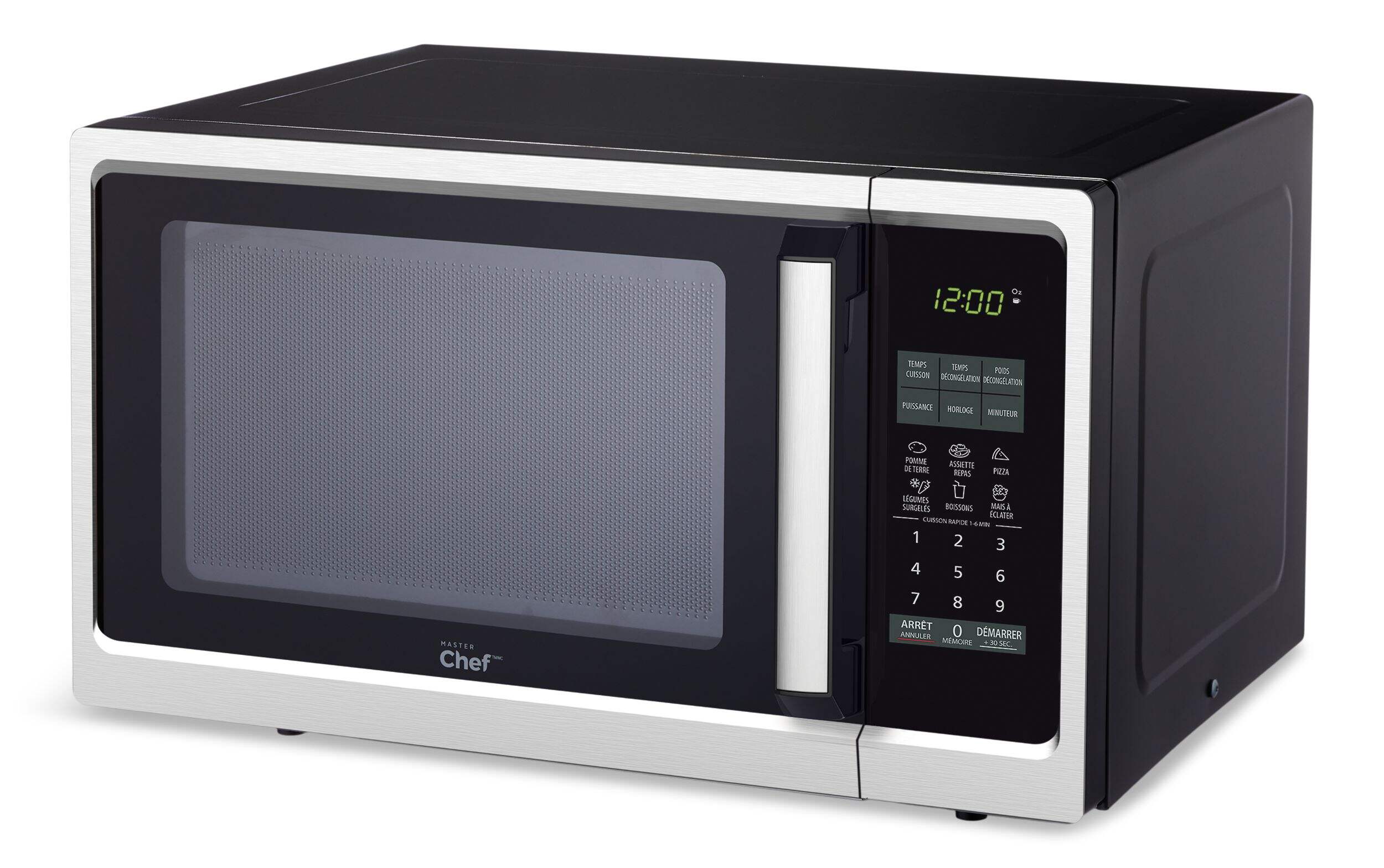 MASTER Chef Countertop Microwave, 900 W, Black Stainless Steel, 0.9-cu-ft Front_Three_Fourths_Angled_Left