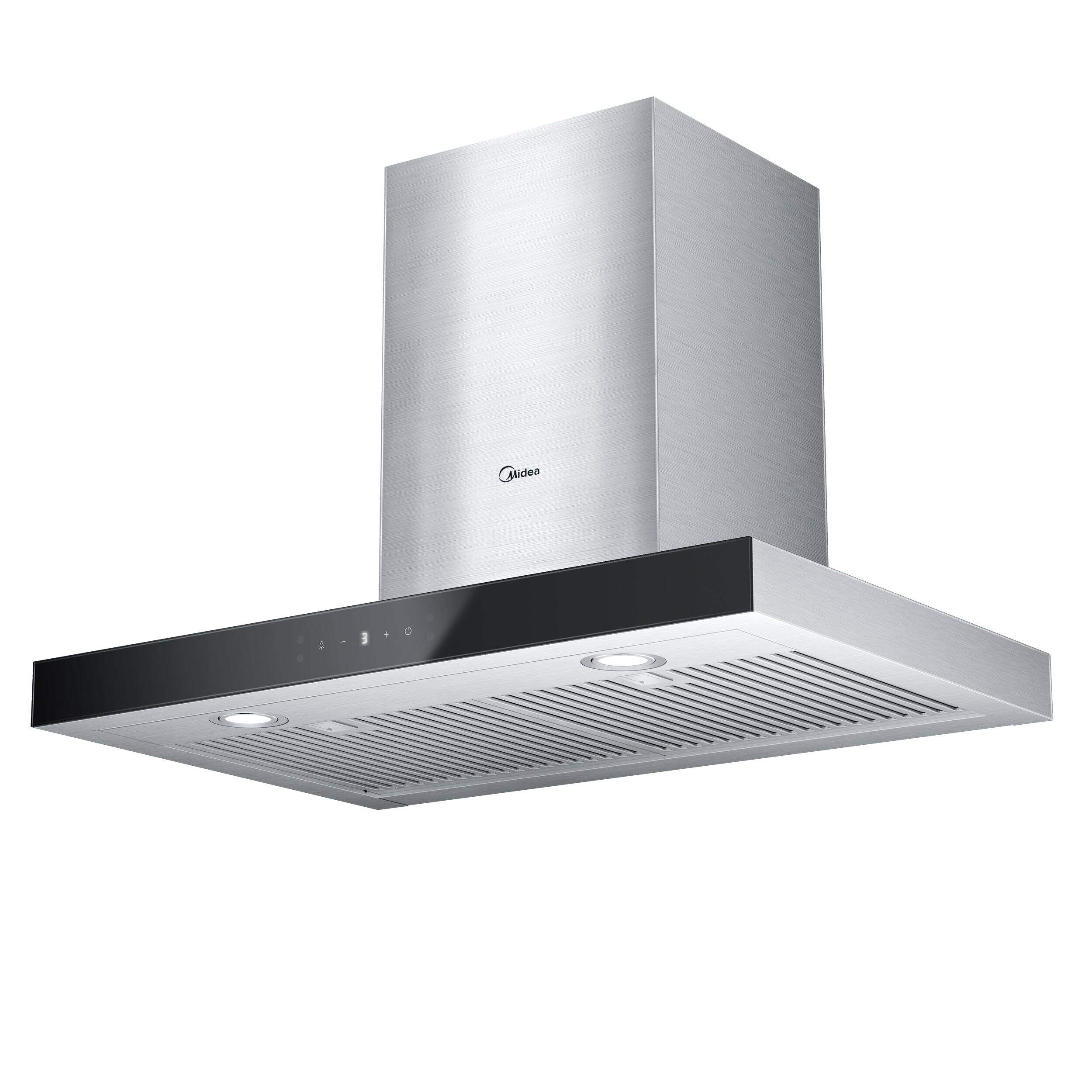 Midea Glass 450CFM T-Shape Kitchen Exhaust Fan Range Hood with Gesture Controls, Stainless Steel, 30-in Front_Three_Fourths_Angled_Left
