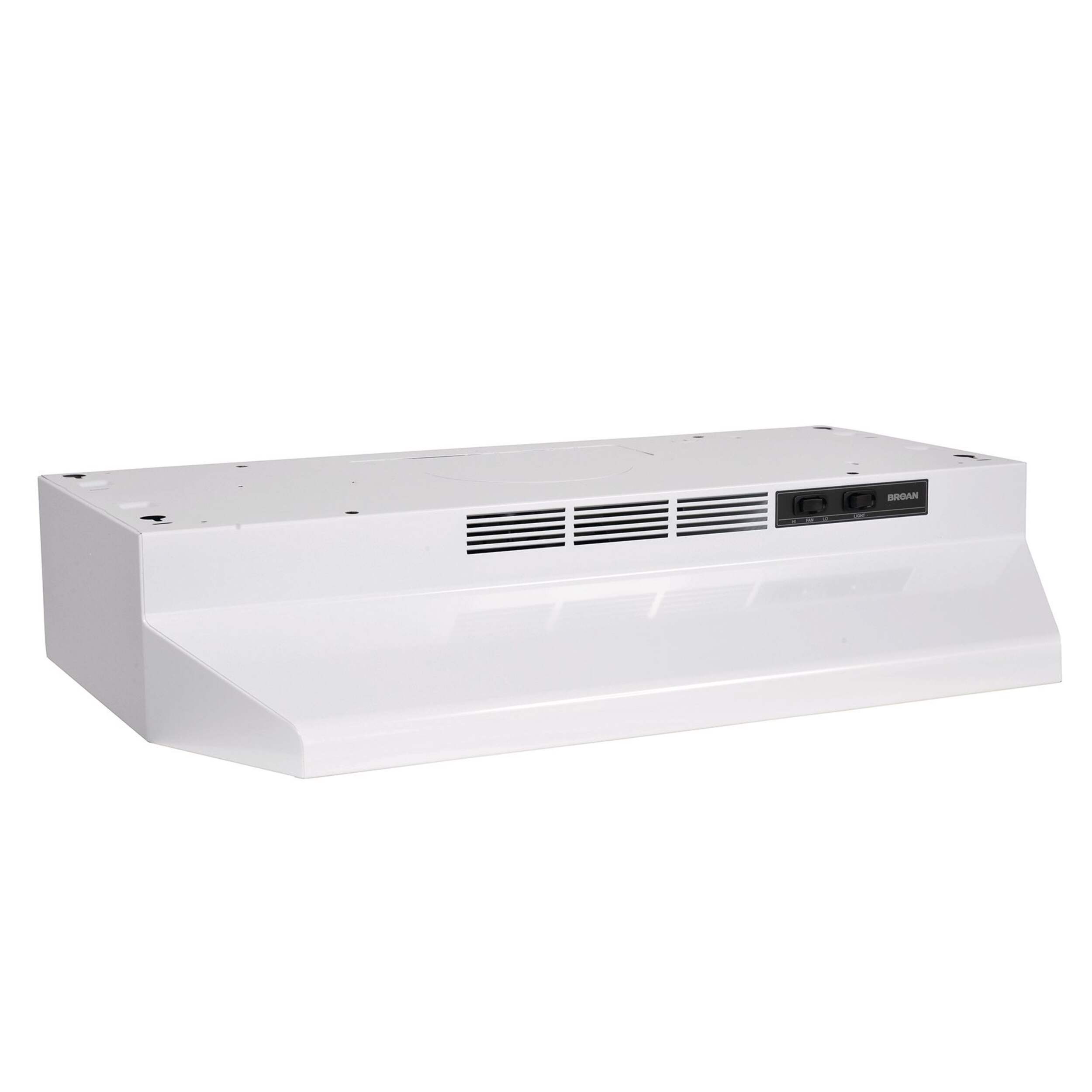 Broan BU2 Series 230CFM Under Cabinet Kitchen Exhaust Fan Range Hood, White, 24-in Front_Three_Fourths_Angled_Right