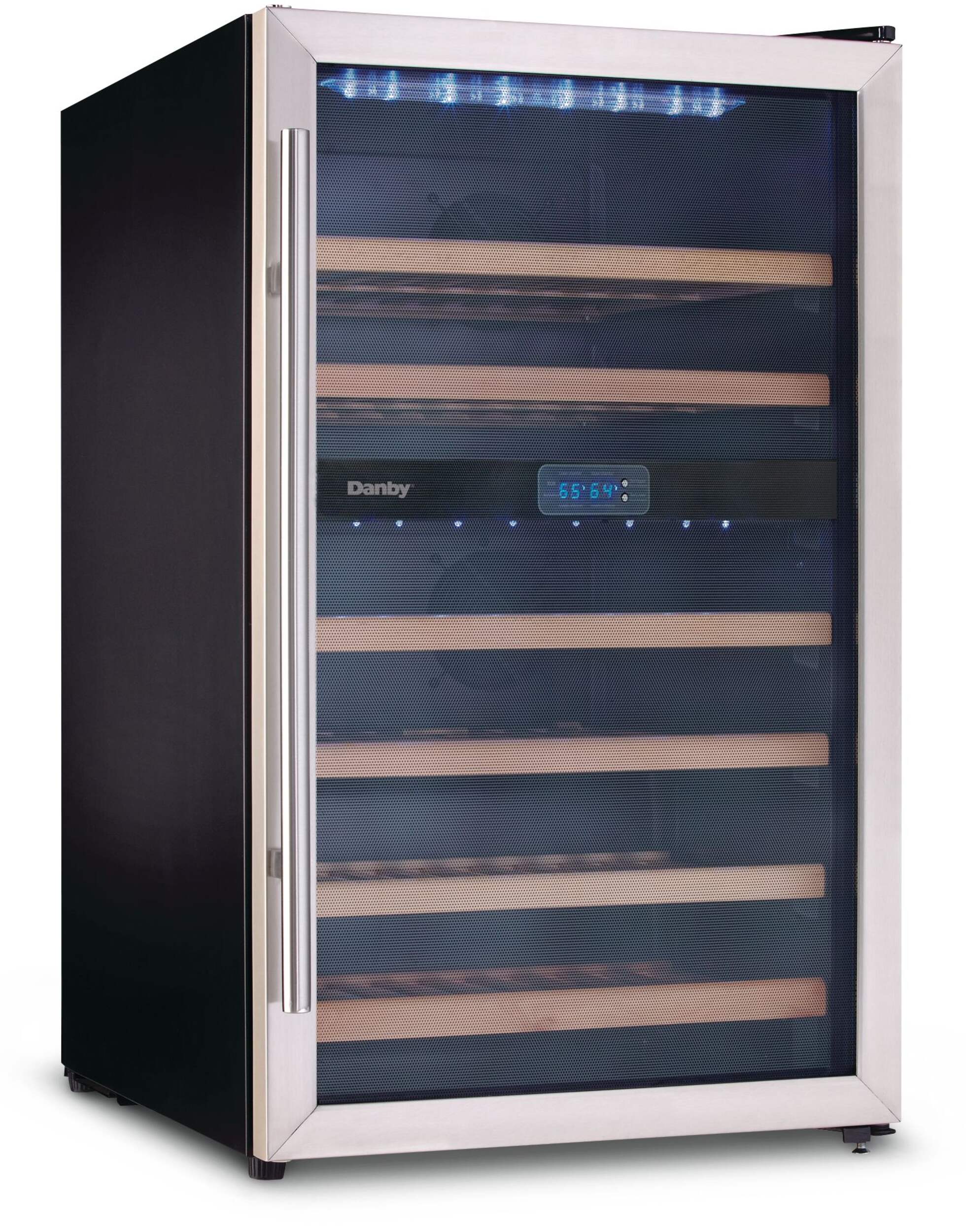 Refroidisseur/Réfrigérateur à vin autonome à deux zones avec tablettes en bois, capacité de 38 bouteilles, acier inoxydable Front_Angled_Right