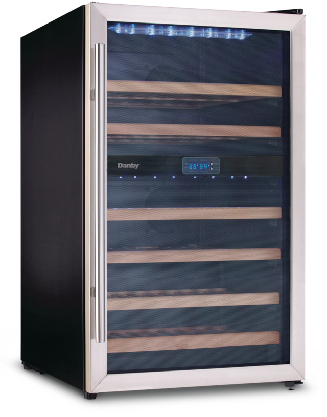 Danby Freestanding Dual Zone Wine Fridge/Cooler with Wood Shelves, Holds 38Bottles, Stainless