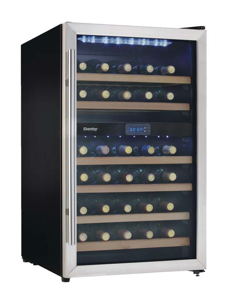 Danby Freestanding Dual Zone Wine Fridge/Cooler with Wood Shelves, Holds 38Bottles, Stainless