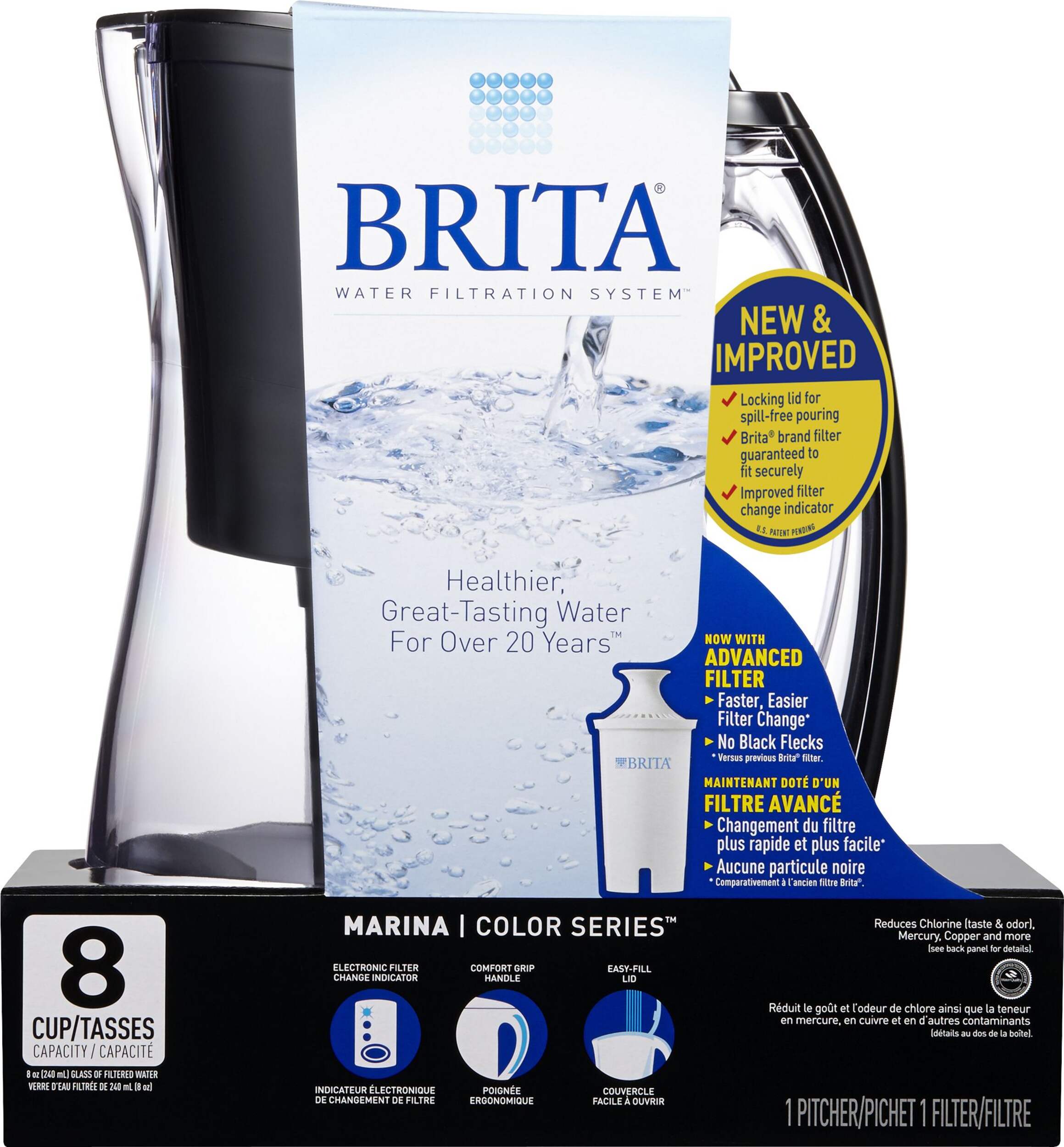 Brita® Marina Water Filter Pitcher with Standard Replacement Filter, BPA Free, 8 Cup, Black Front_Flat
