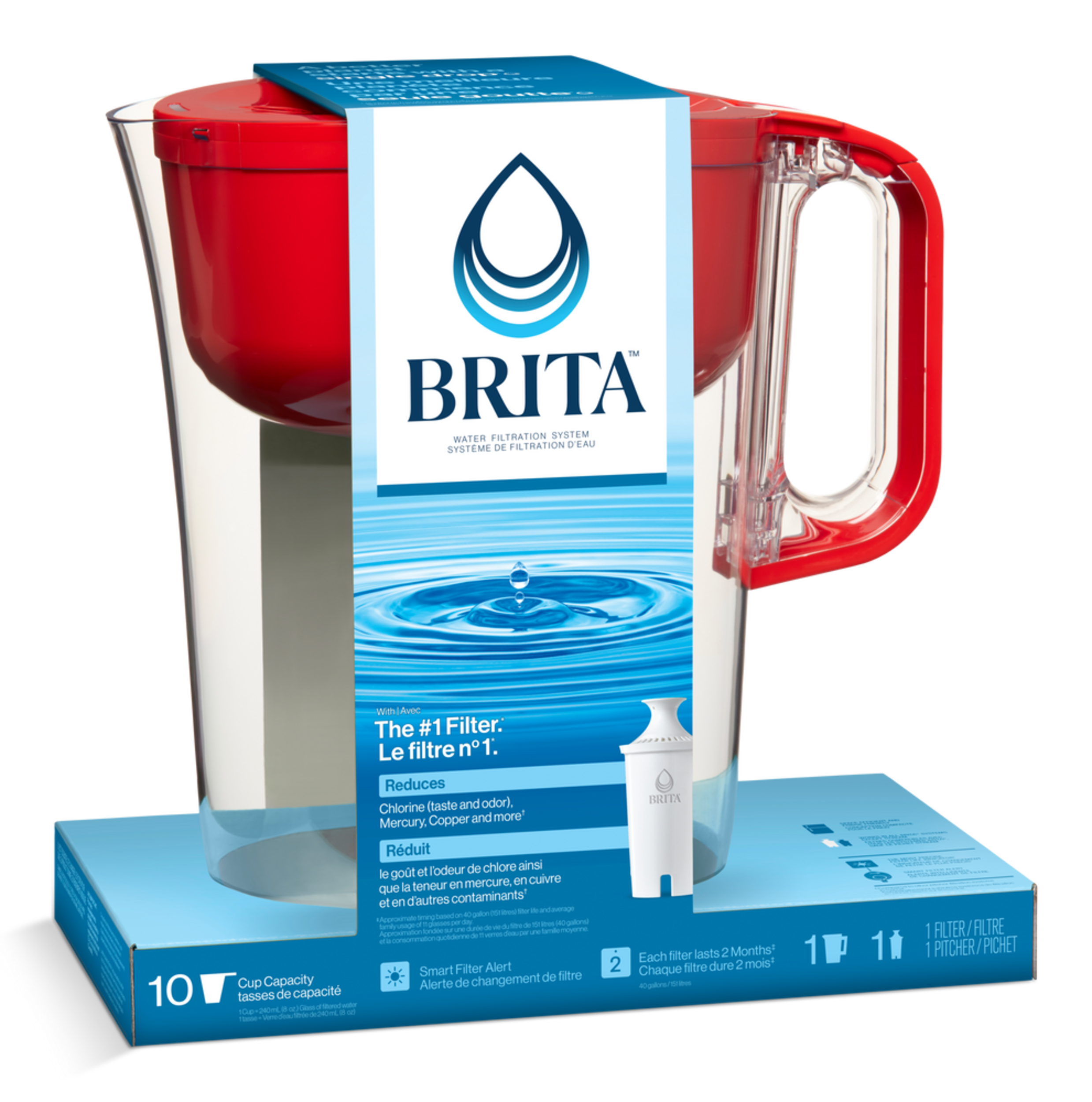 Brita® Huron Fiery Water Pitcher, Standard Filter, 10-Cup, Red Front_Angled_Right