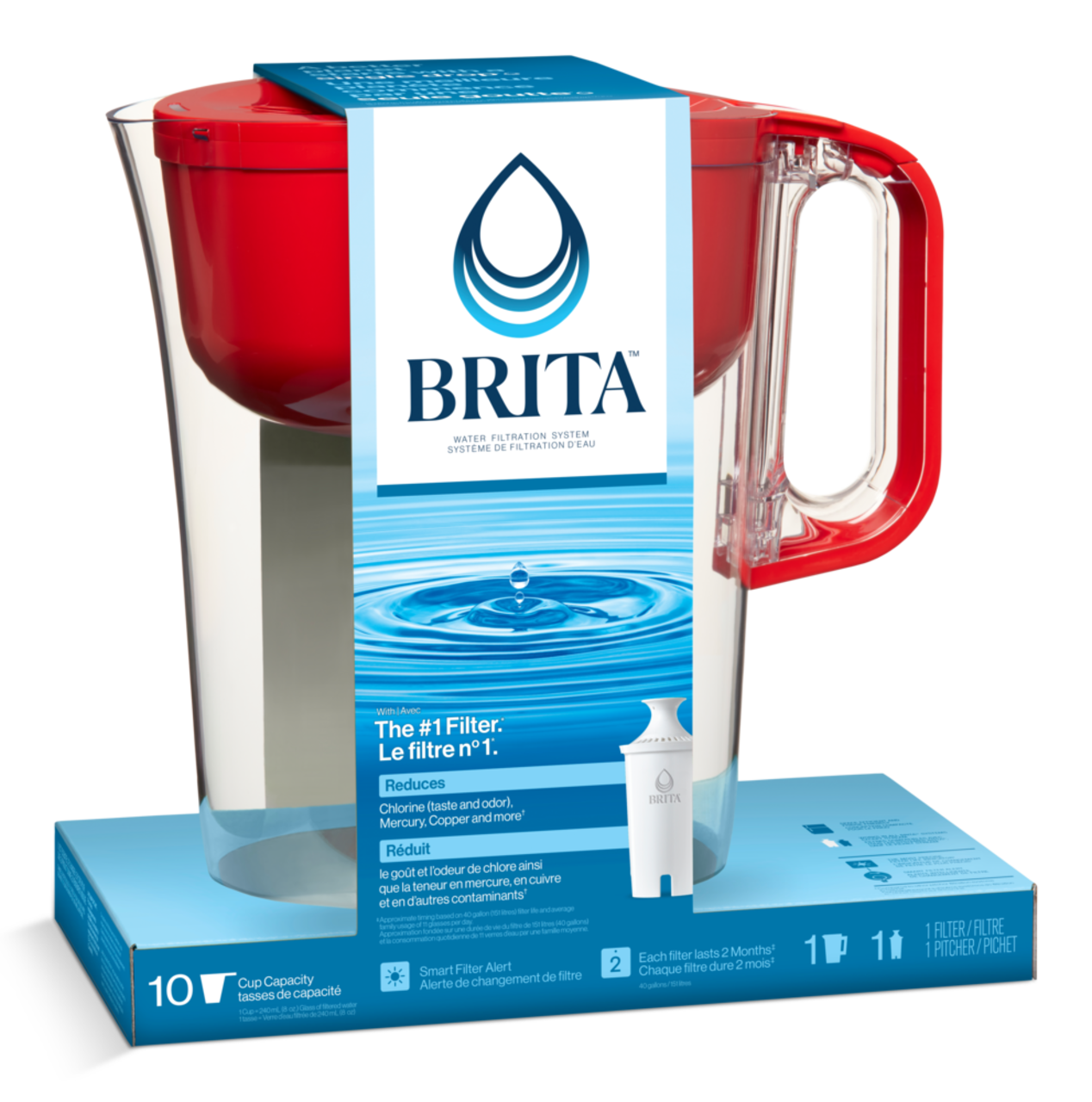 Brita Huron Fiery - Carafe d'eau filtrante, 10 tasses, rouge