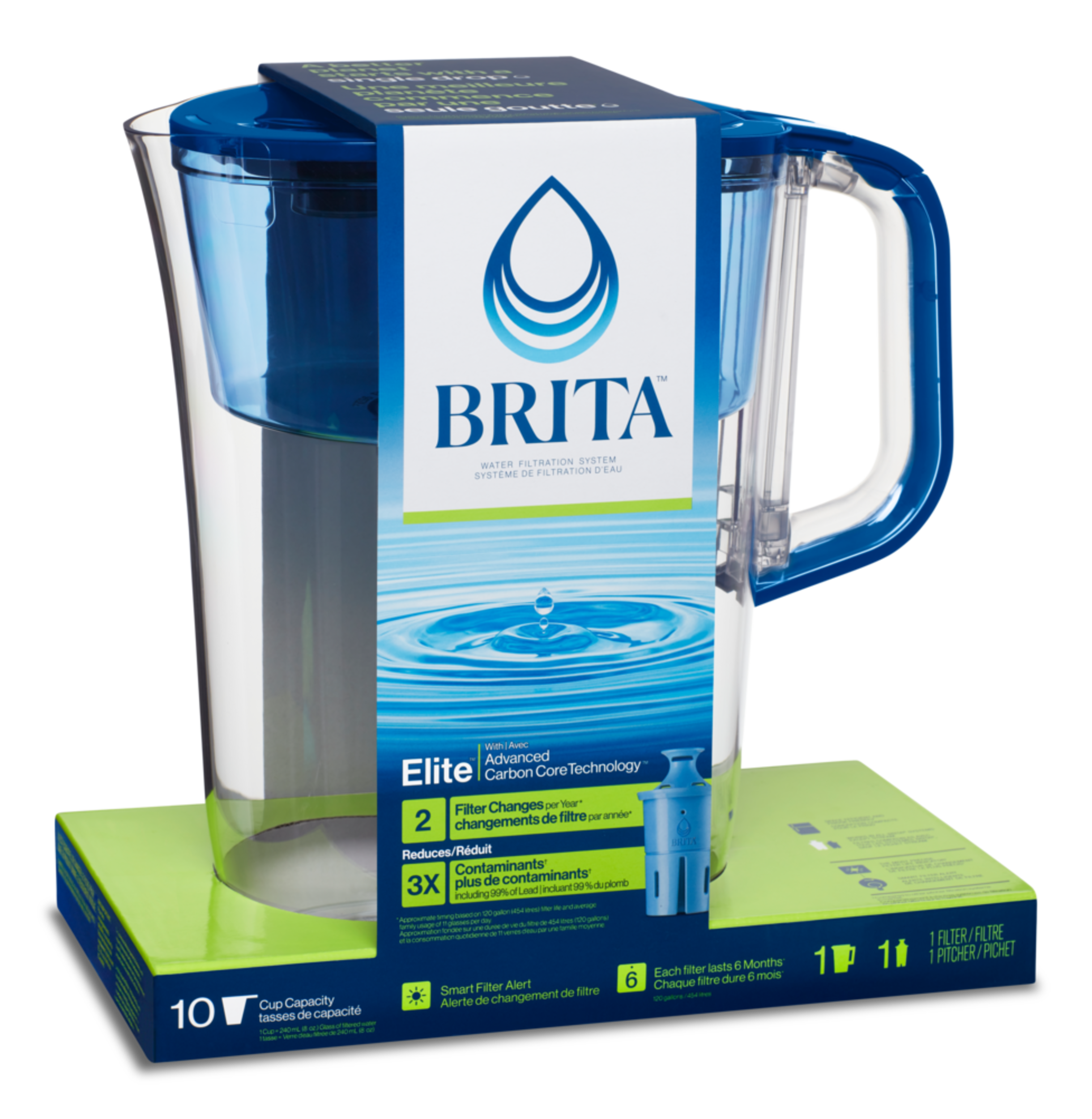 Brita Elite Filter Pitcher with Smart Light Indicator, 10-Cup, Blue Tahoe Front_Angled_Right