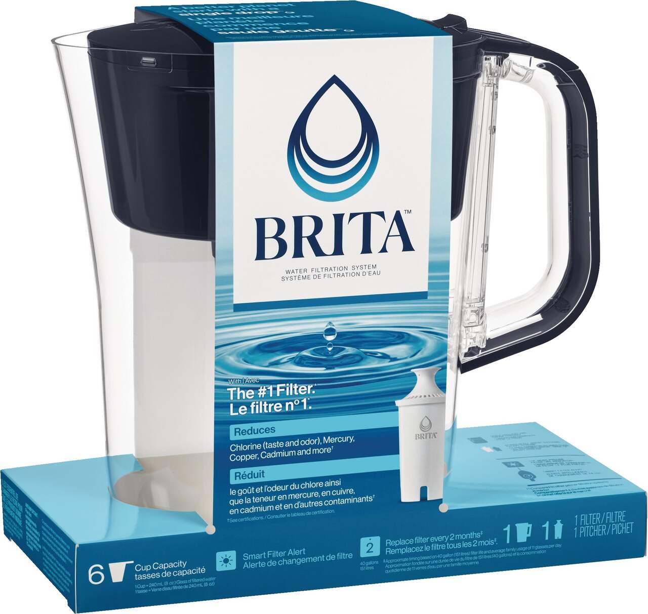 Brita Système de filtration d'eau en pichet, modèle Marina noir de 8 tasses  avec 1 filtre de rechange - 1 ea